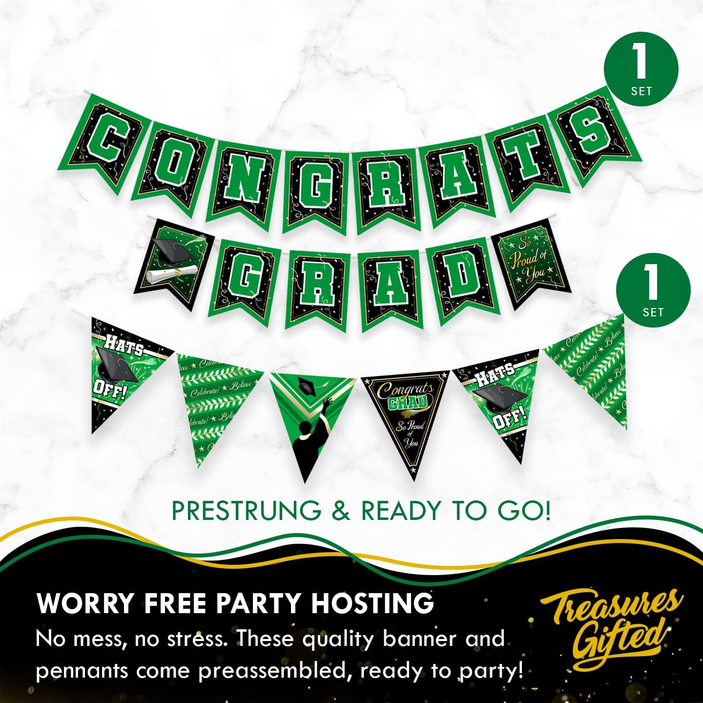 Treasures Gifted Green Graduation Decorations Set for 24 Guests