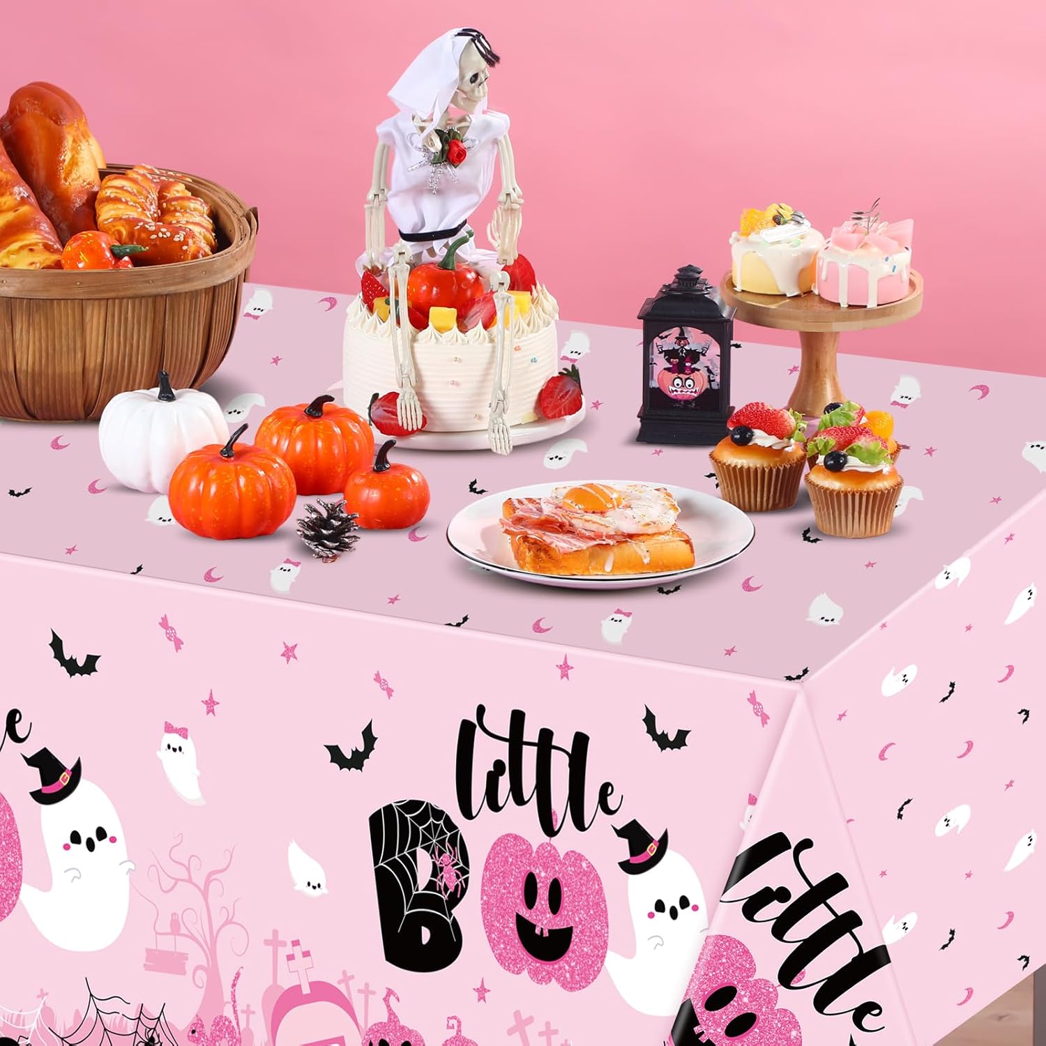 Sliner 3 Pack Pink Halloween Tablecloths - Little Boo Party Covers 108x54 Inch
