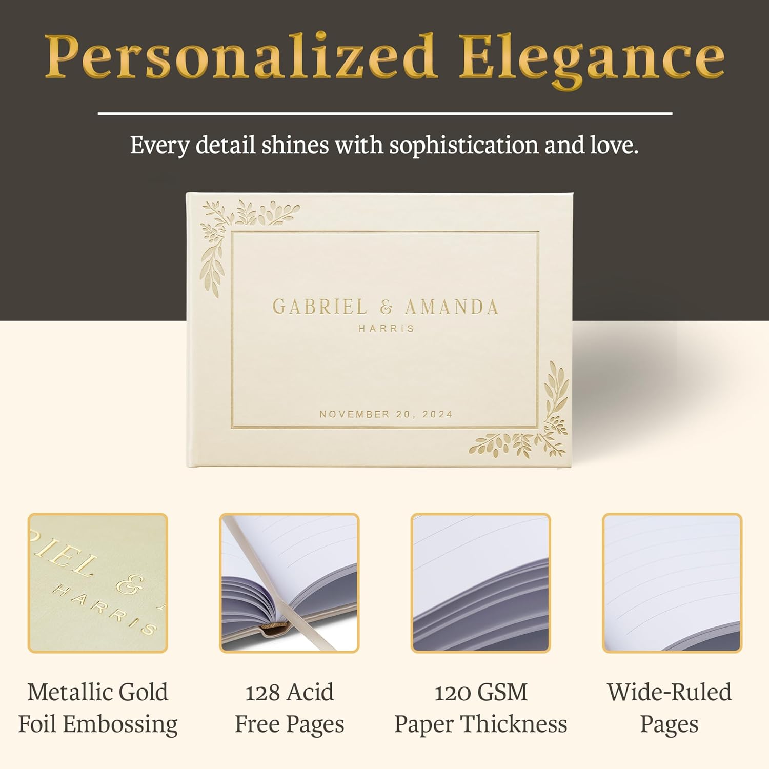 Promot Personalized Wedding Guest Book with Gold Foil