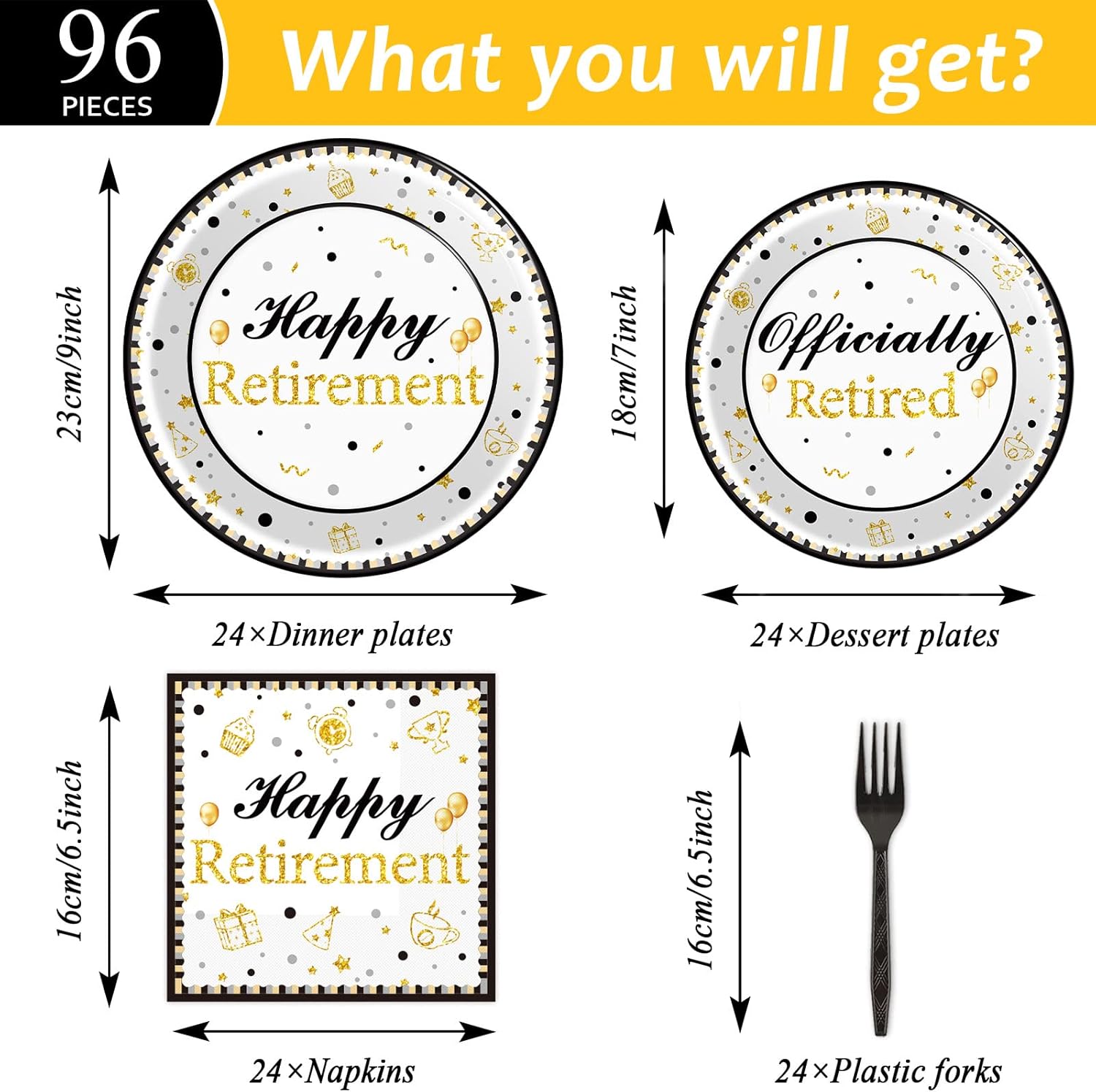 96 Piece Happy Retirement Tableware Set for 24 Guests