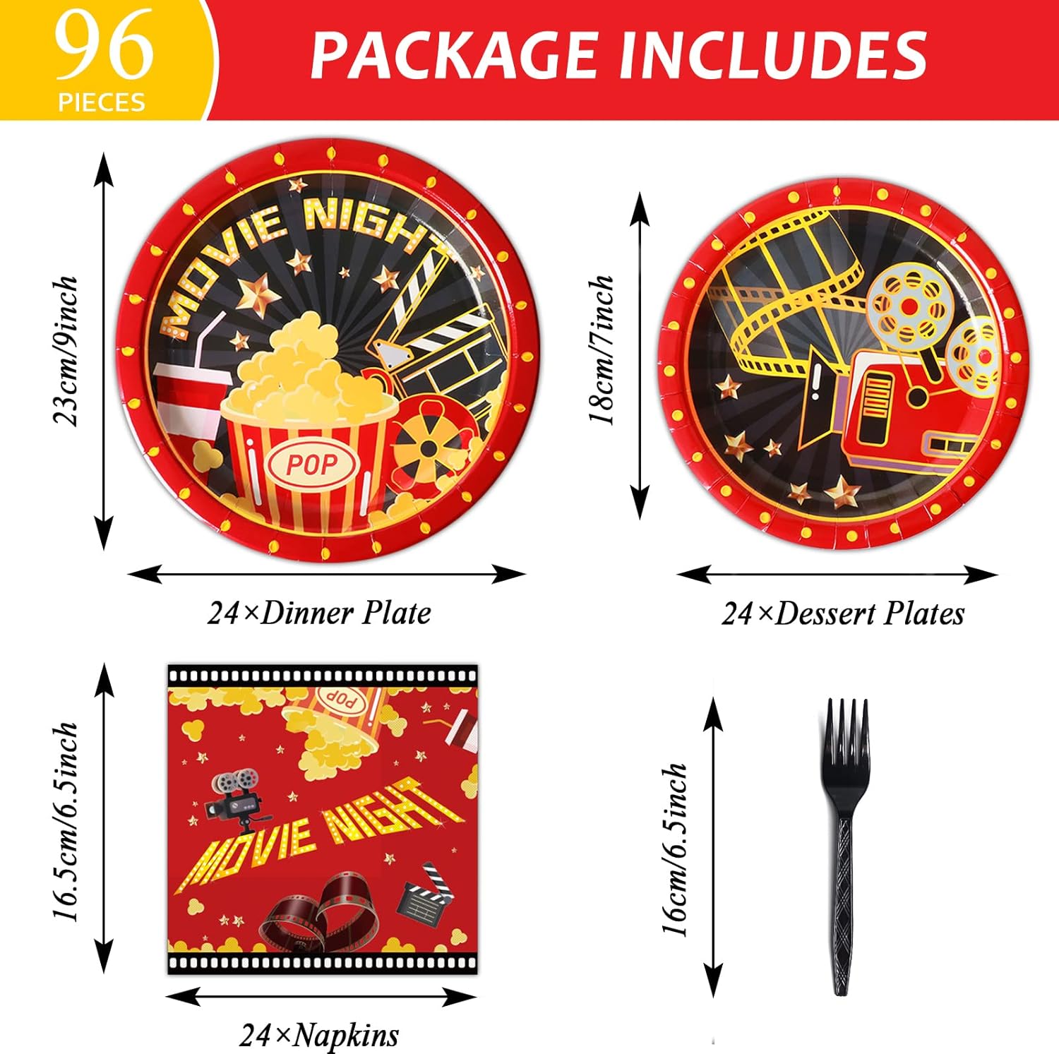 96 Pcs Movie Night Party Supplies Set for 24 Guests