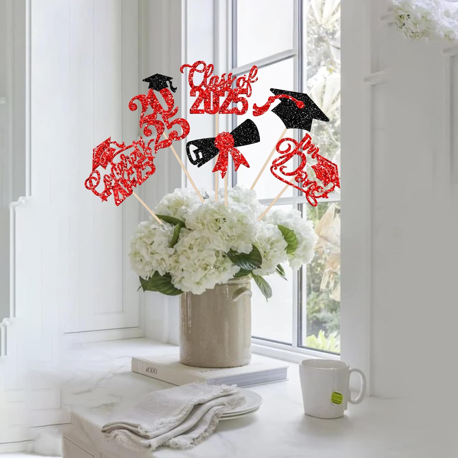 2025 Graduation Cap Centerpiece Sticks with Red Glitter
