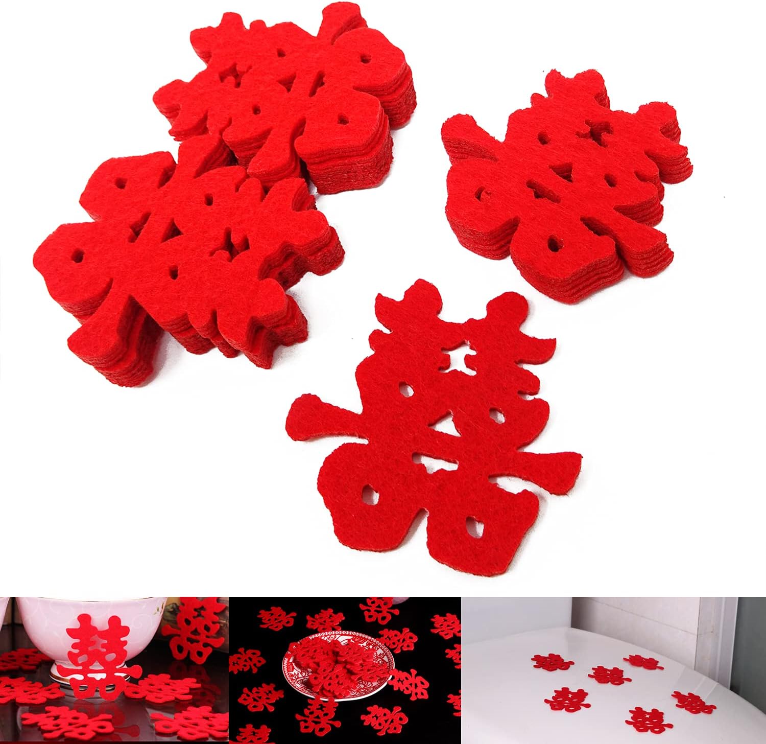 Honbay 120PCS Double Happiness Confetti - Red Non-Woven Wedding Decor
