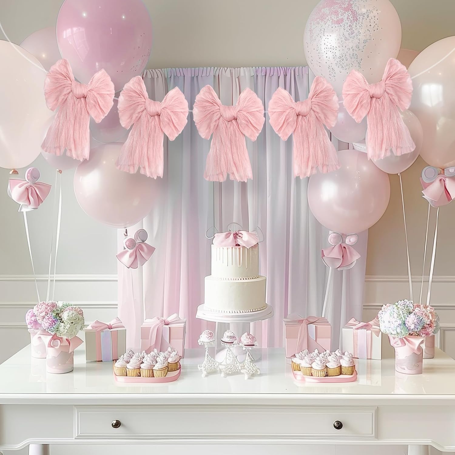 Pink Bow Garland Banner for Coquette Birthday Party Decor