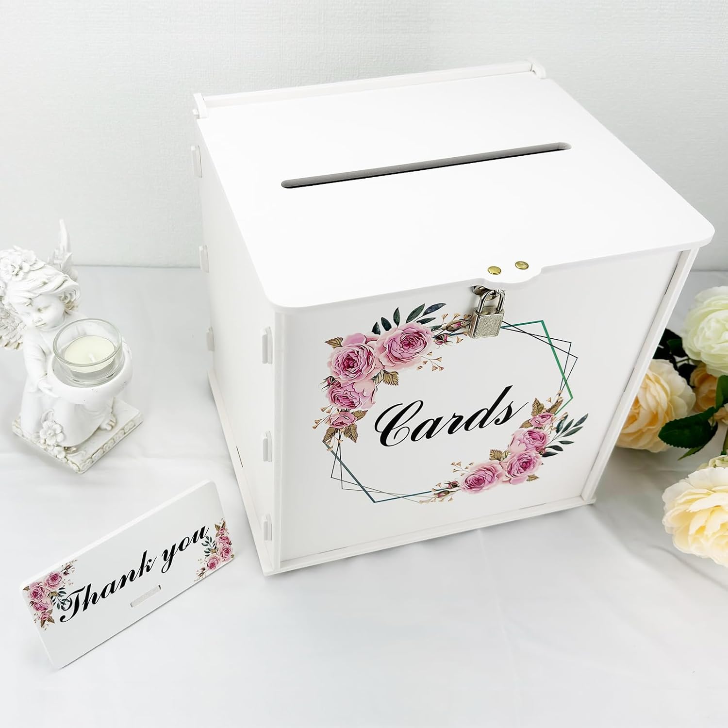 White Wedding Card Box with Lock and Rose Sign