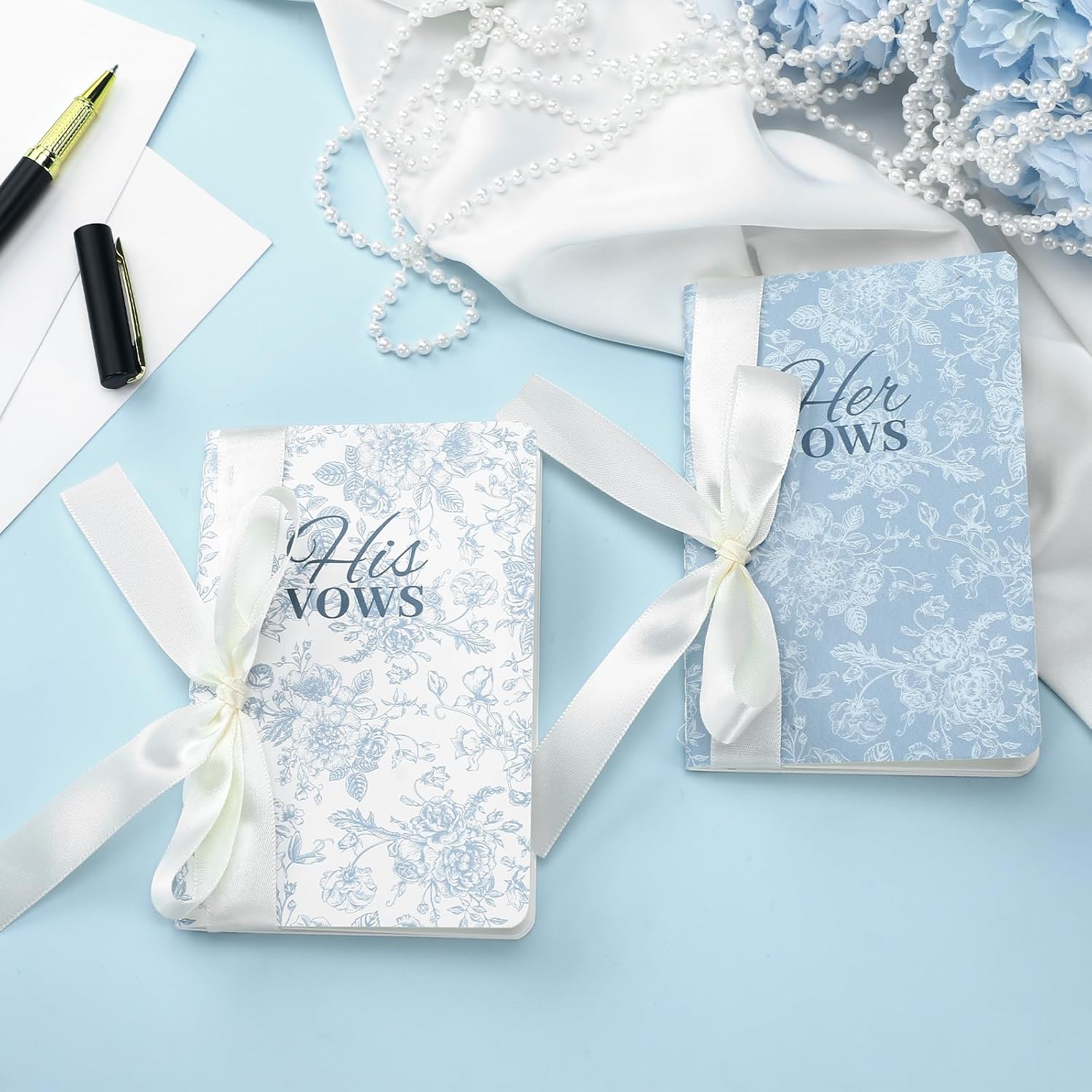 2 Pcs Blue His and Hers Vow Books with Ribbon Bow
