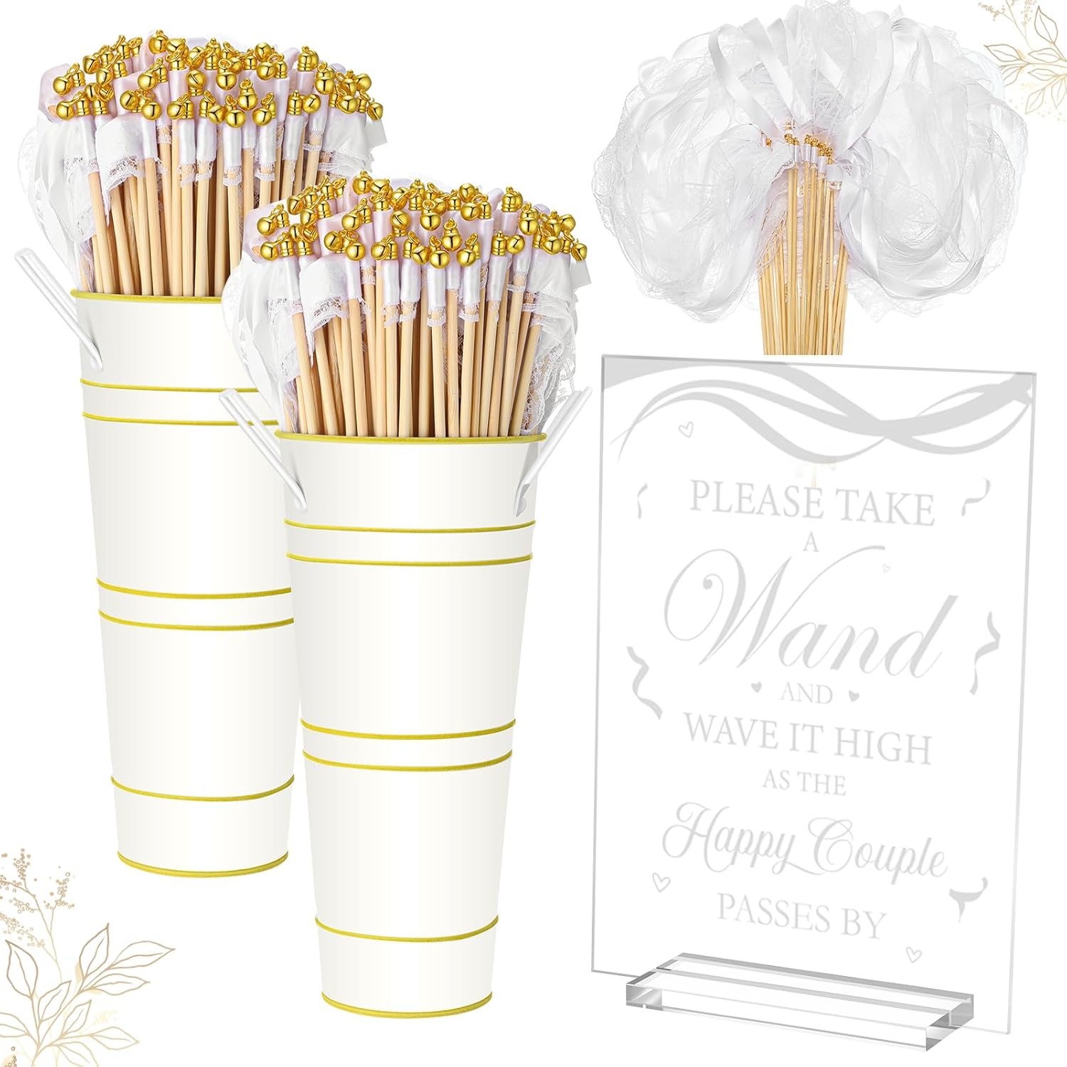 103 Pcs Wedding Wand Set with Gold Bells and Acrylic Sign
