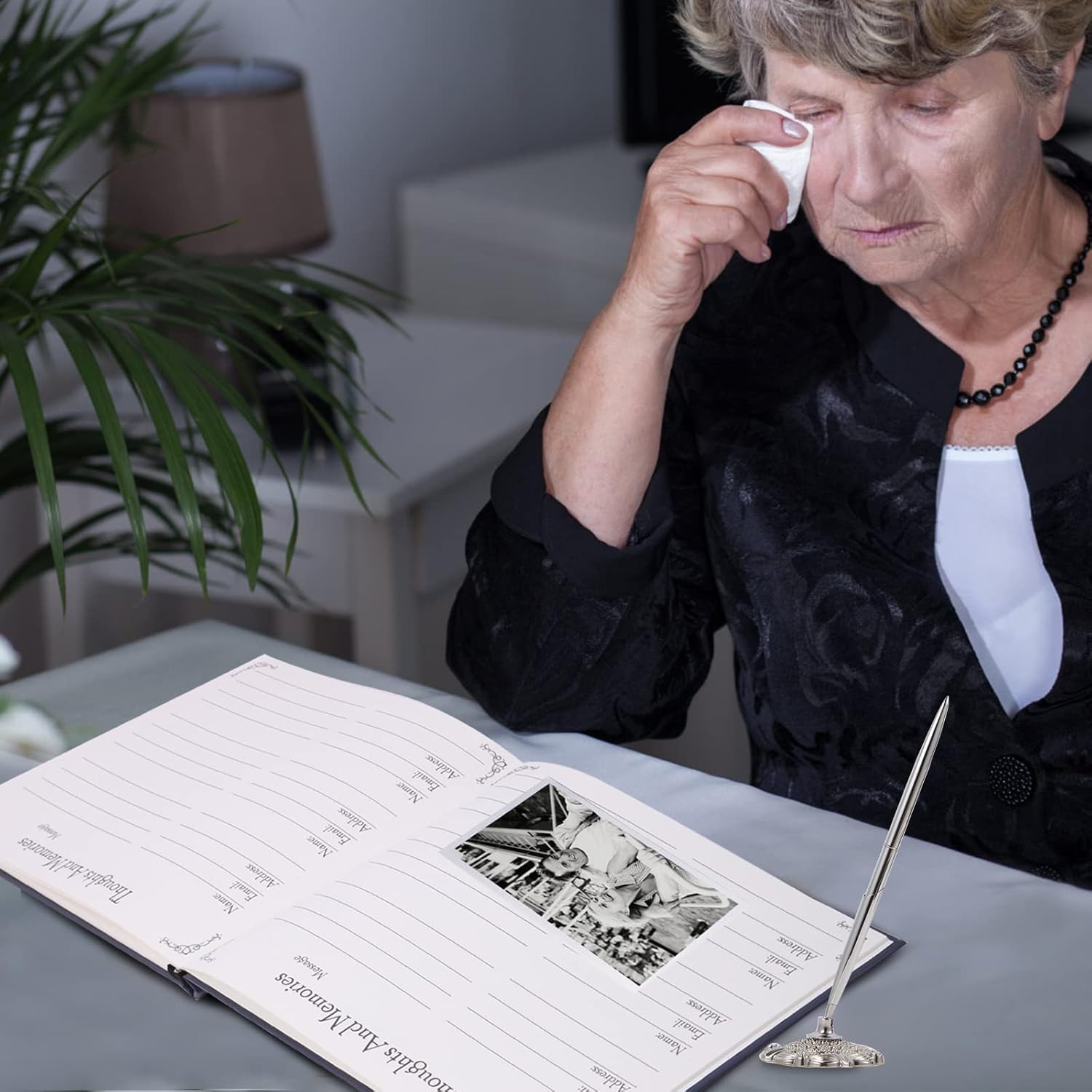 Lily Funeral Guest Book Set with Memory Cards and Silver Pen