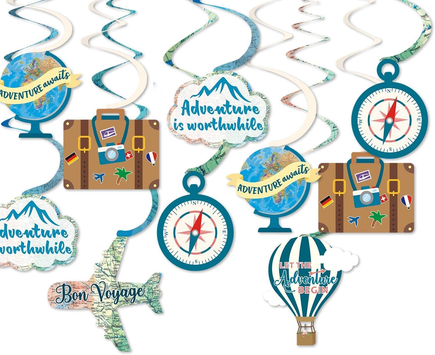 30CT Travel Themed Hanging Swirl Decorations