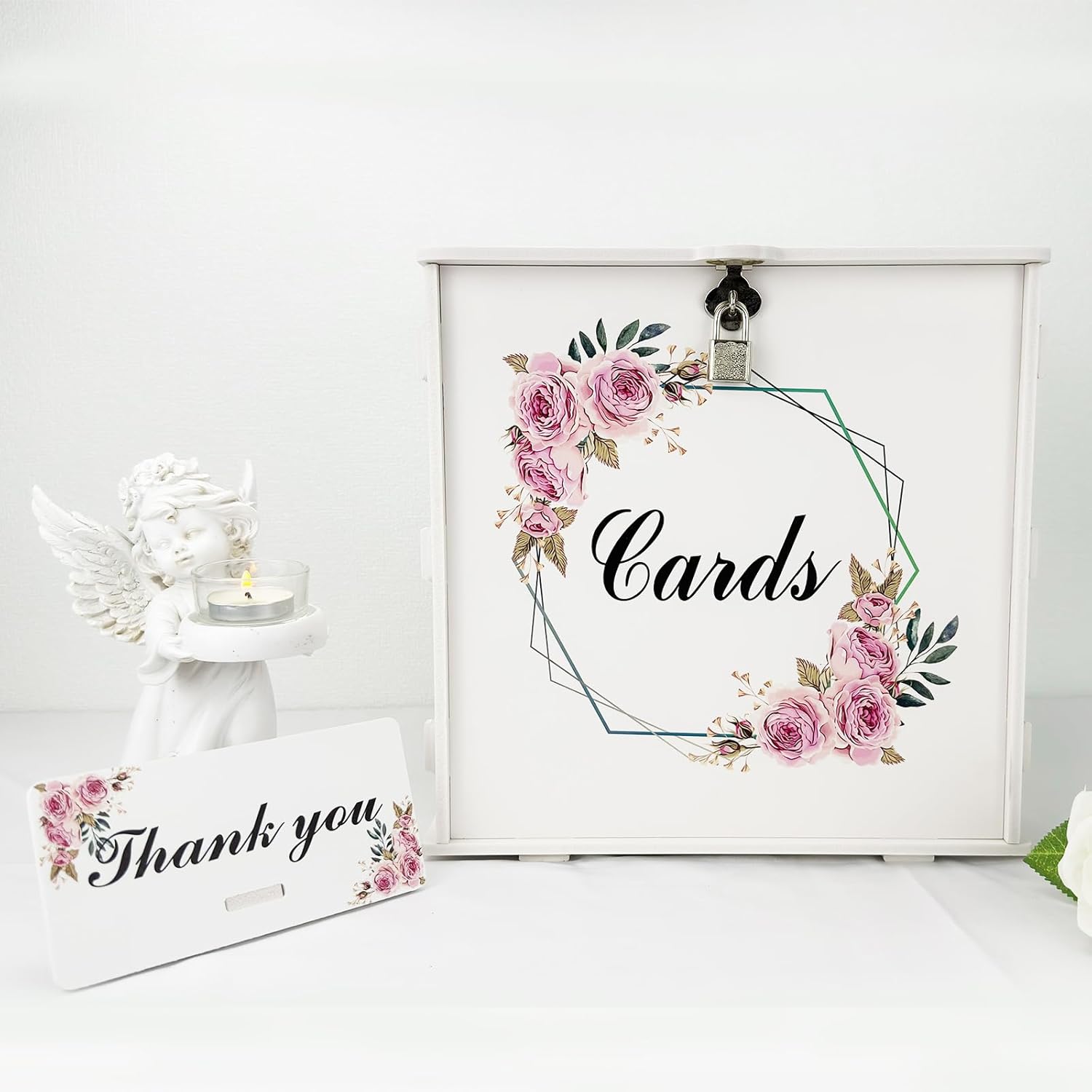 White Wedding Card Box with Lock and Rose Sign