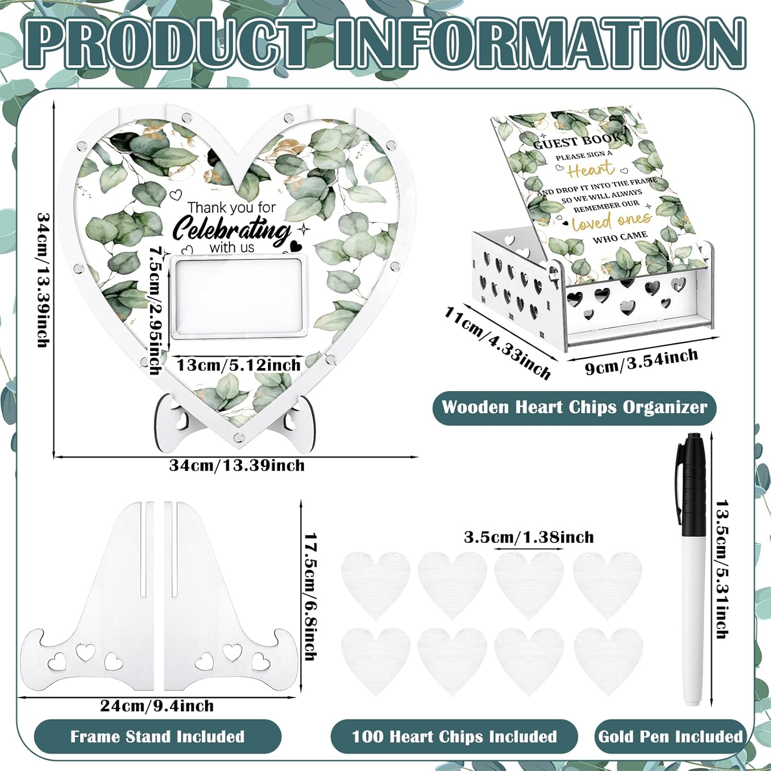 Wooden Guest Book Alternative with 100 Heart Wood Chips Eucalyptus Theme