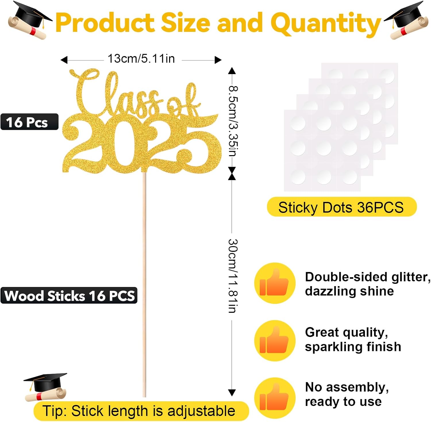 Class of 2025 Gold Glitter Centerpieces with Sticks