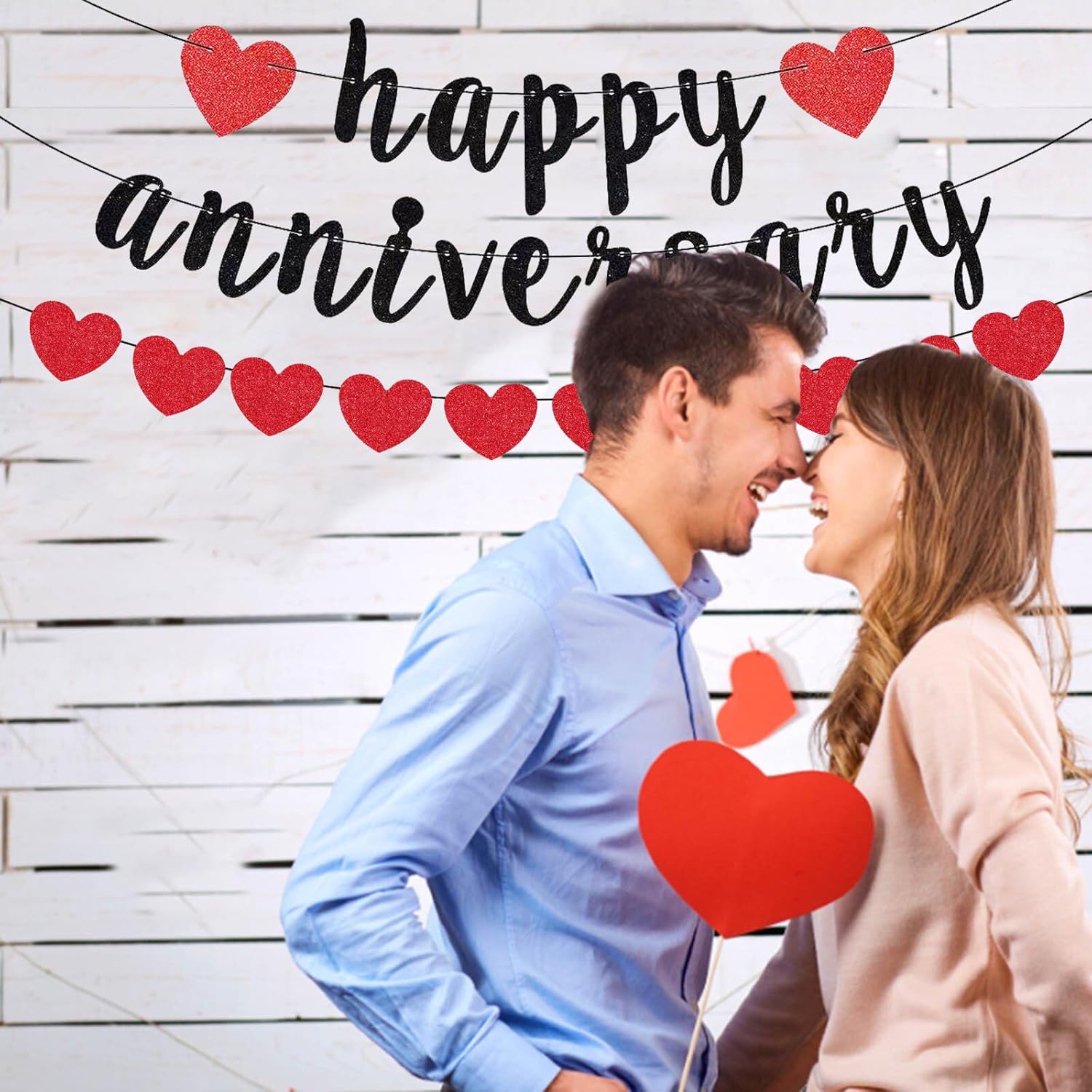 Zwiebeco Black Red Happy Anniversary Banner with Hearts