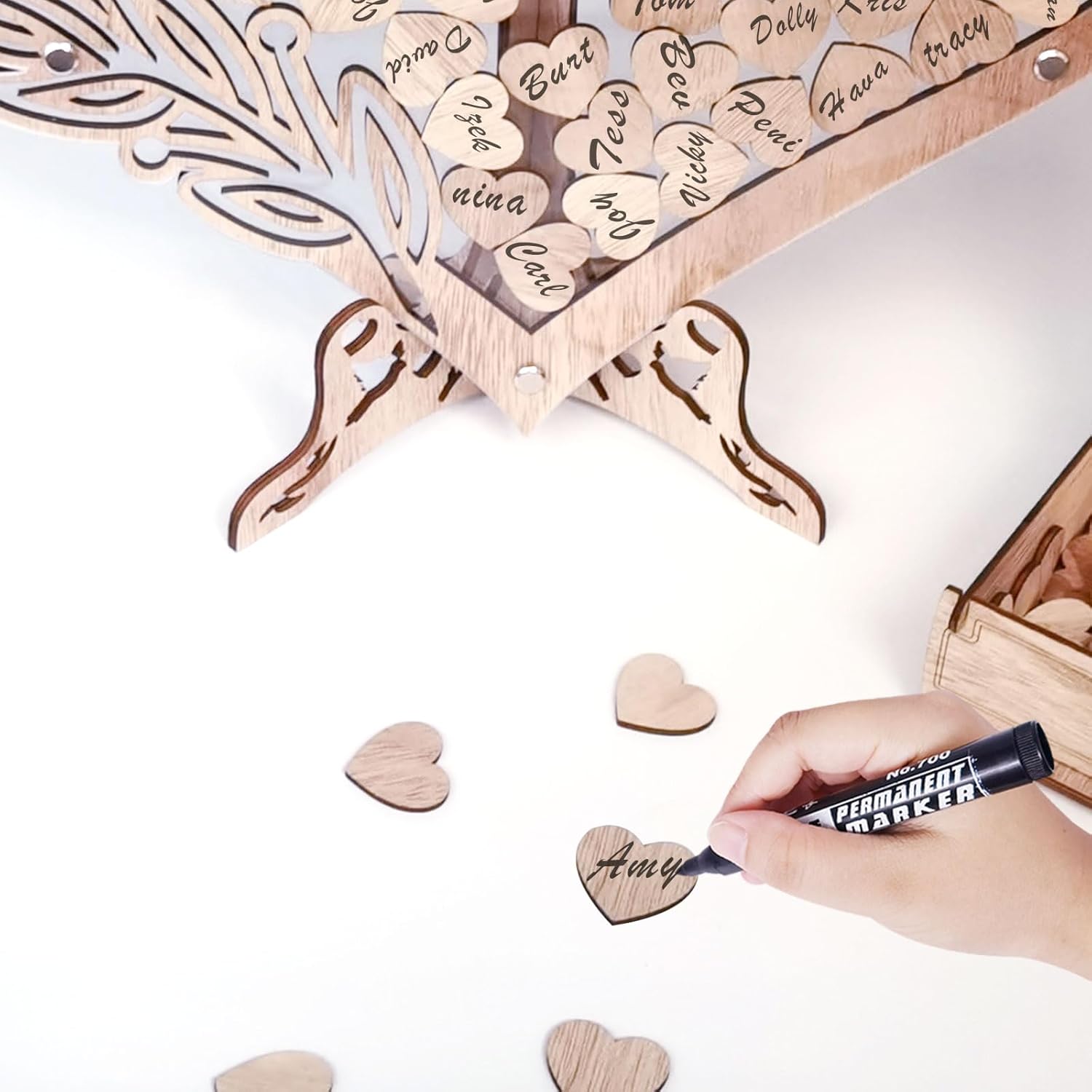 Heart Wedding Guest Book Alternative with 100 Wooden Hearts and Drop Box
