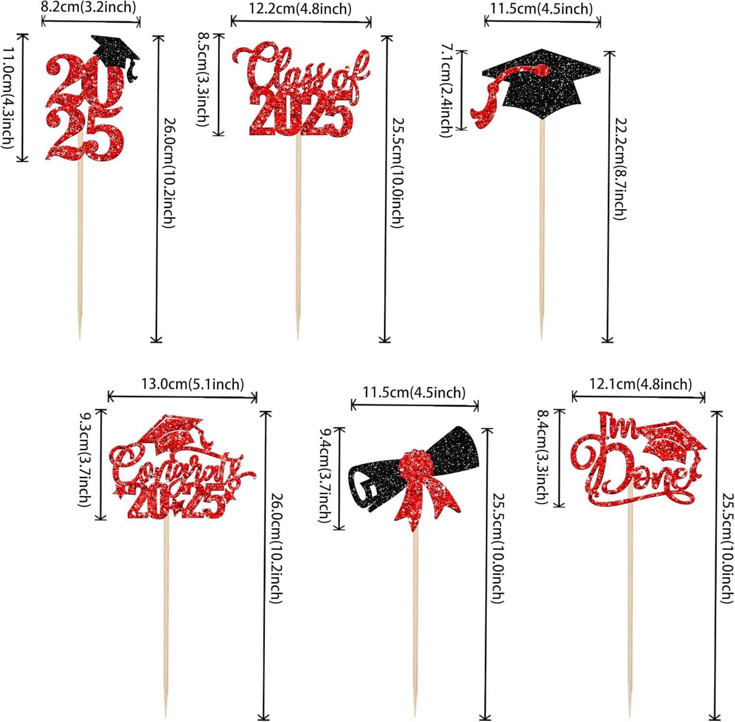 2025 Graduation Cap Centerpiece Sticks with Red Glitter