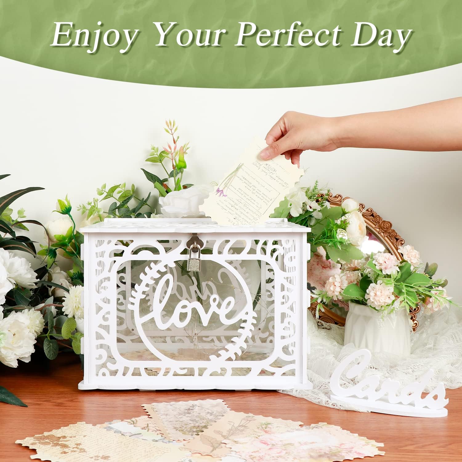 AerWo White PVC Card Box for Wedding with Lock and String Lights