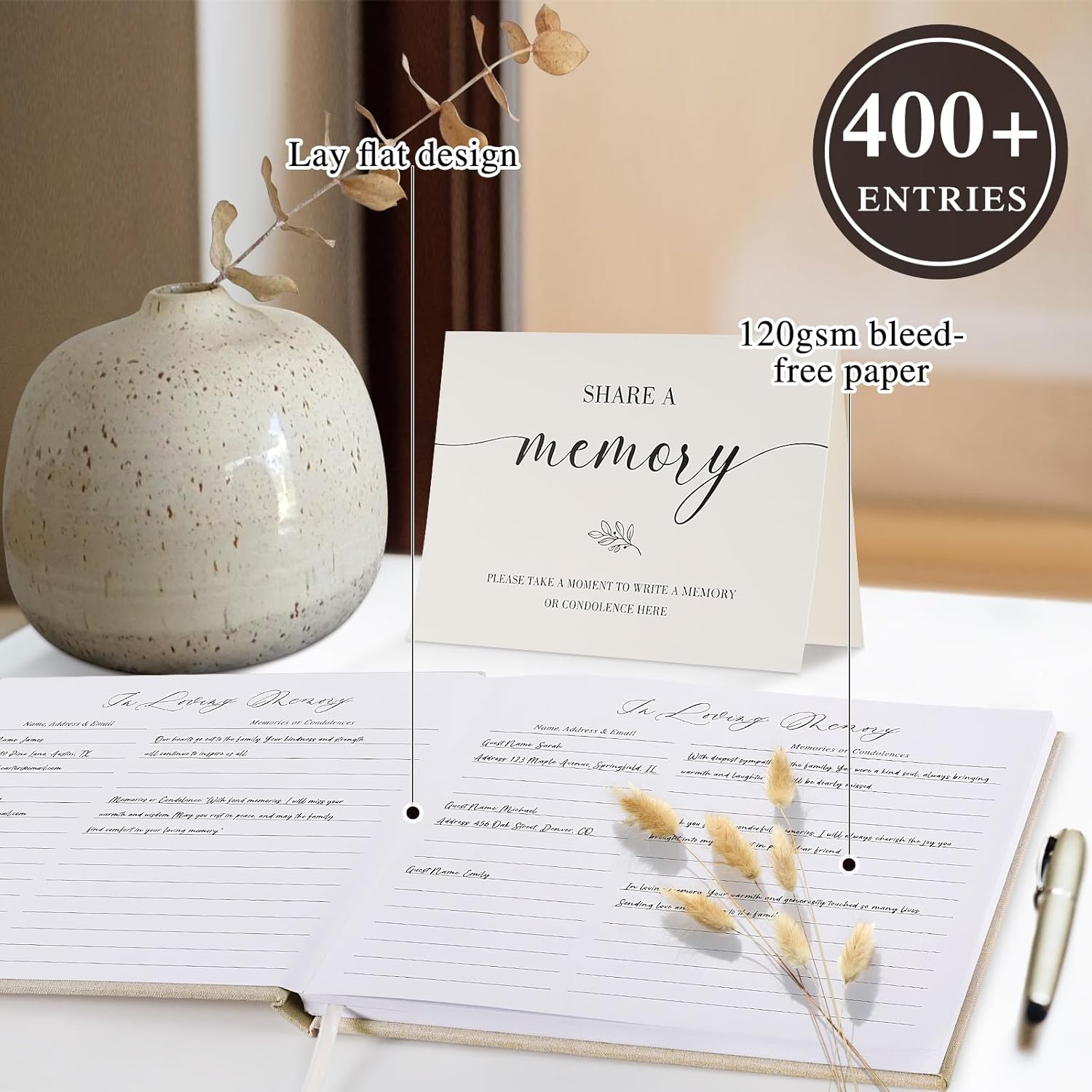 Lanpn Blue Linen Funeral Guest Book with Memory Table Sign