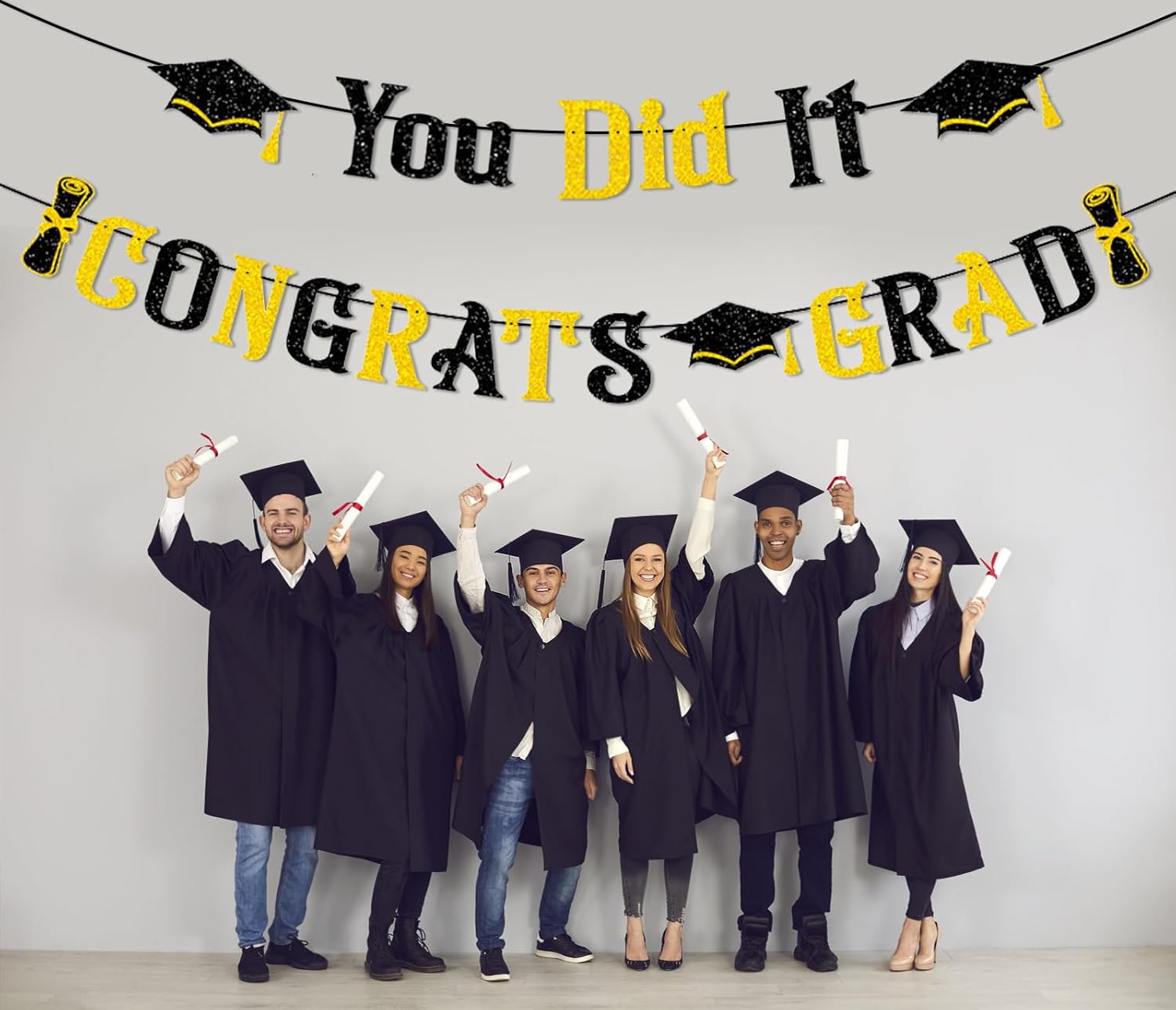 2025 Graduation Banners with Black Gold Glitter