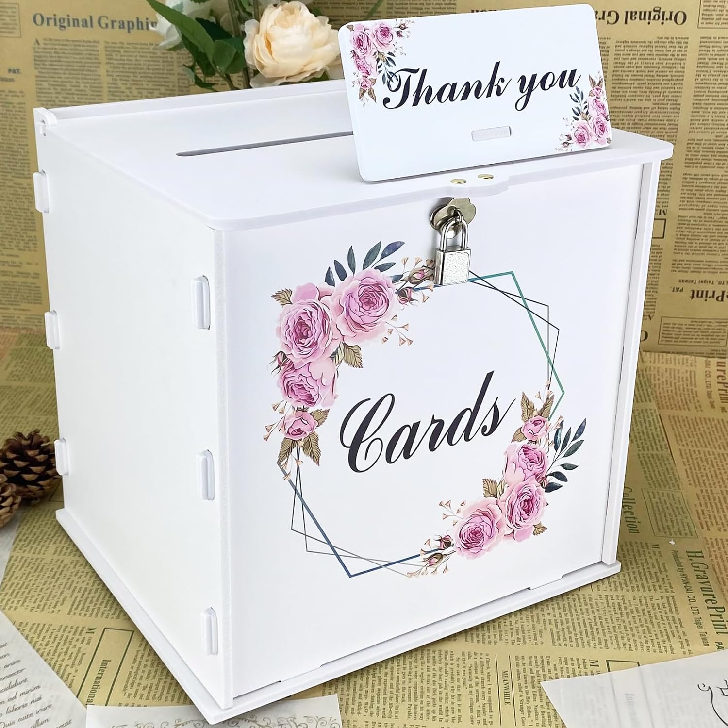 White Wedding Card Box with Lock and Rose Sign