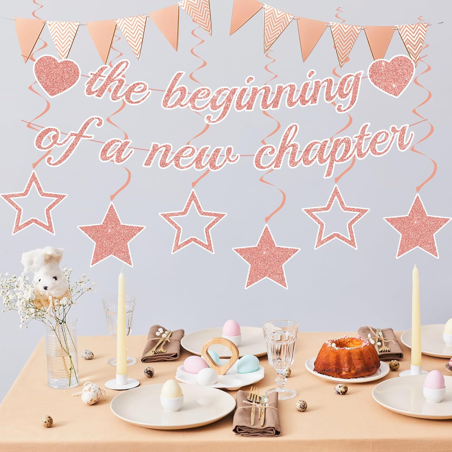 ITHKIRHO Graduation Banner Set - 8 Pcs Rose Gold Glitter Decorations