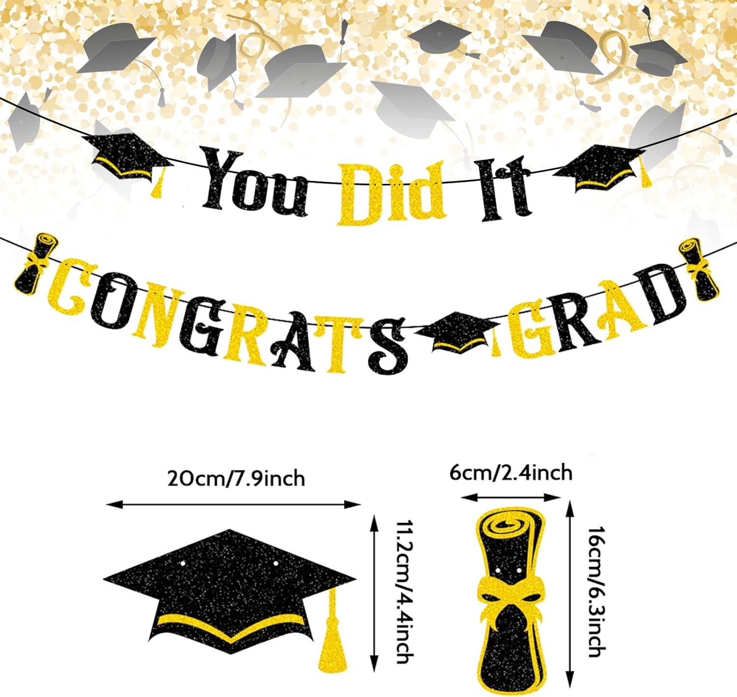 2025 Graduation Banners with Black Gold Glitter