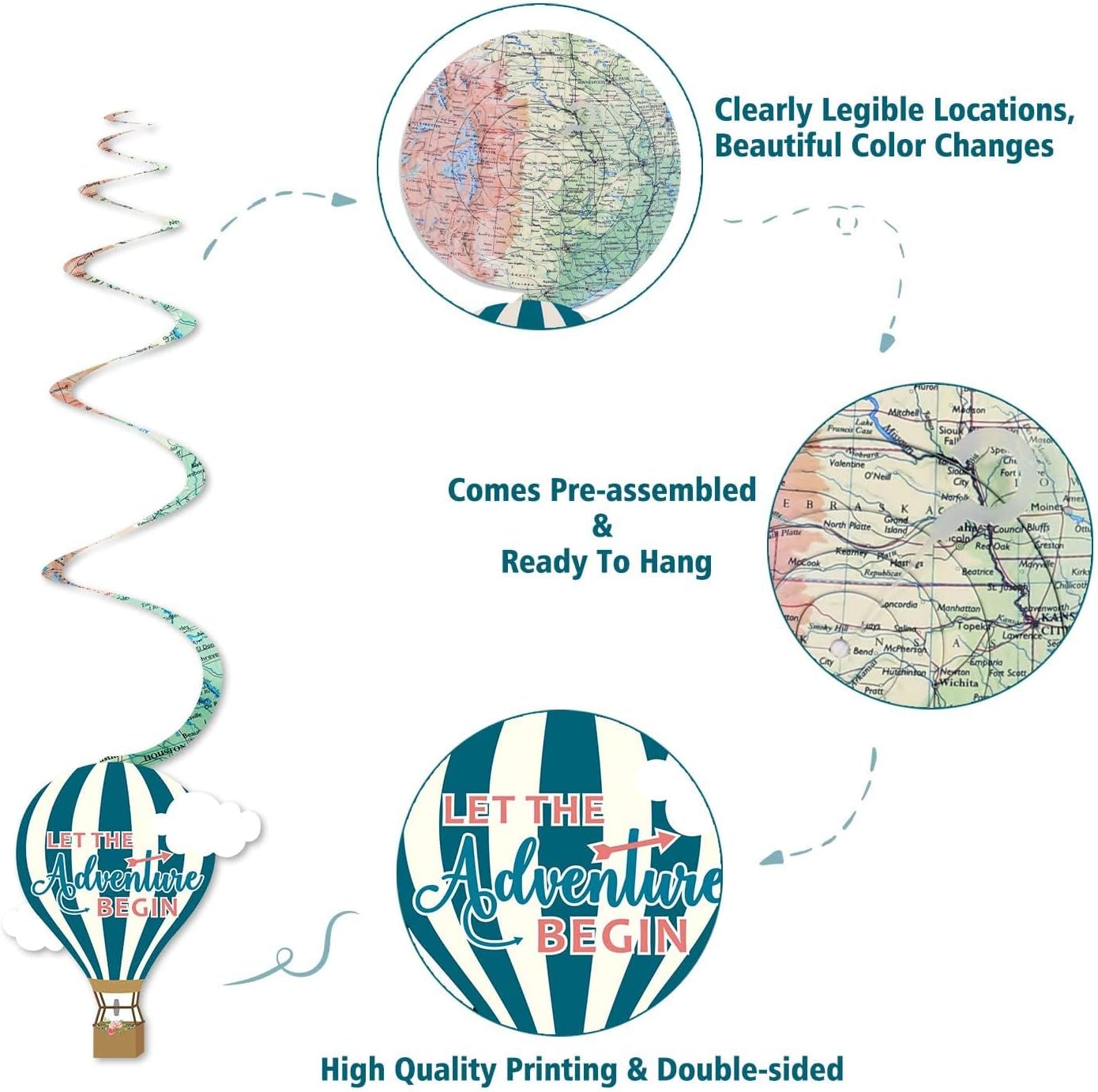 30CT Travel Themed Hanging Swirl Decorations