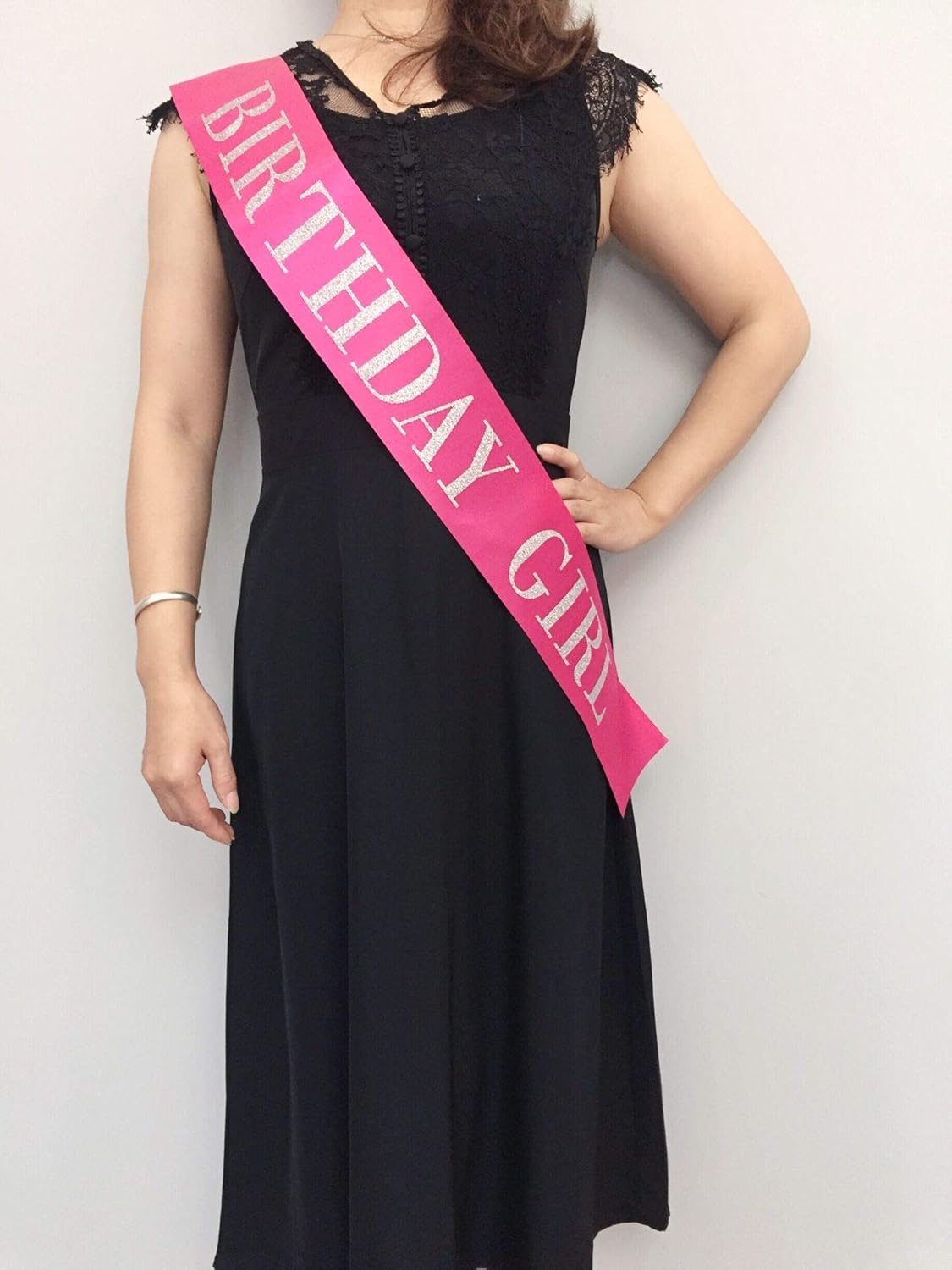 Birthday Girl Sash for Women Hot Pink Satin with Silver Glitter