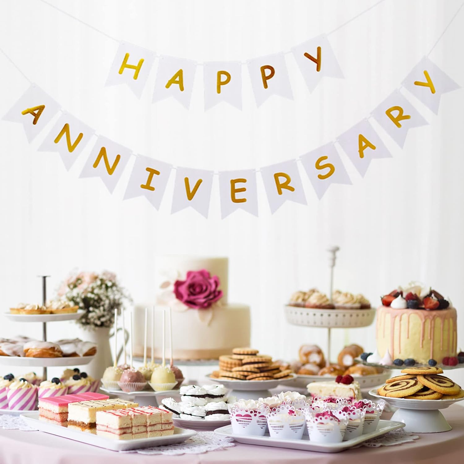 White Happy Anniversary Banner for Wedding Party Decoration