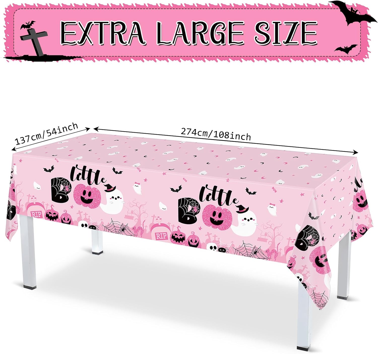 Sliner 3 Pack Pink Halloween Tablecloths - Little Boo Party Covers 108x54 Inch