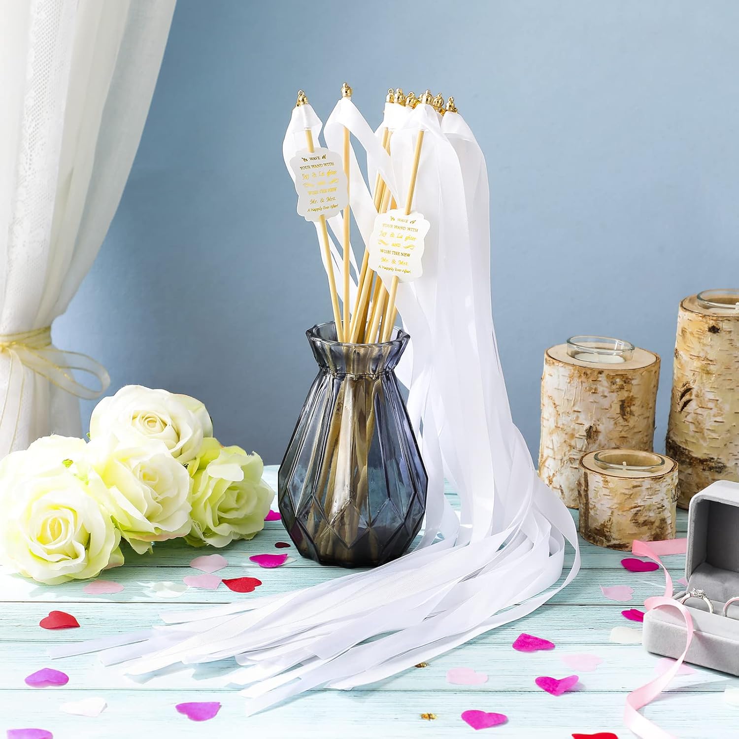 Junkin 100 Pcs Wedding Wand Streamers with Bells Set