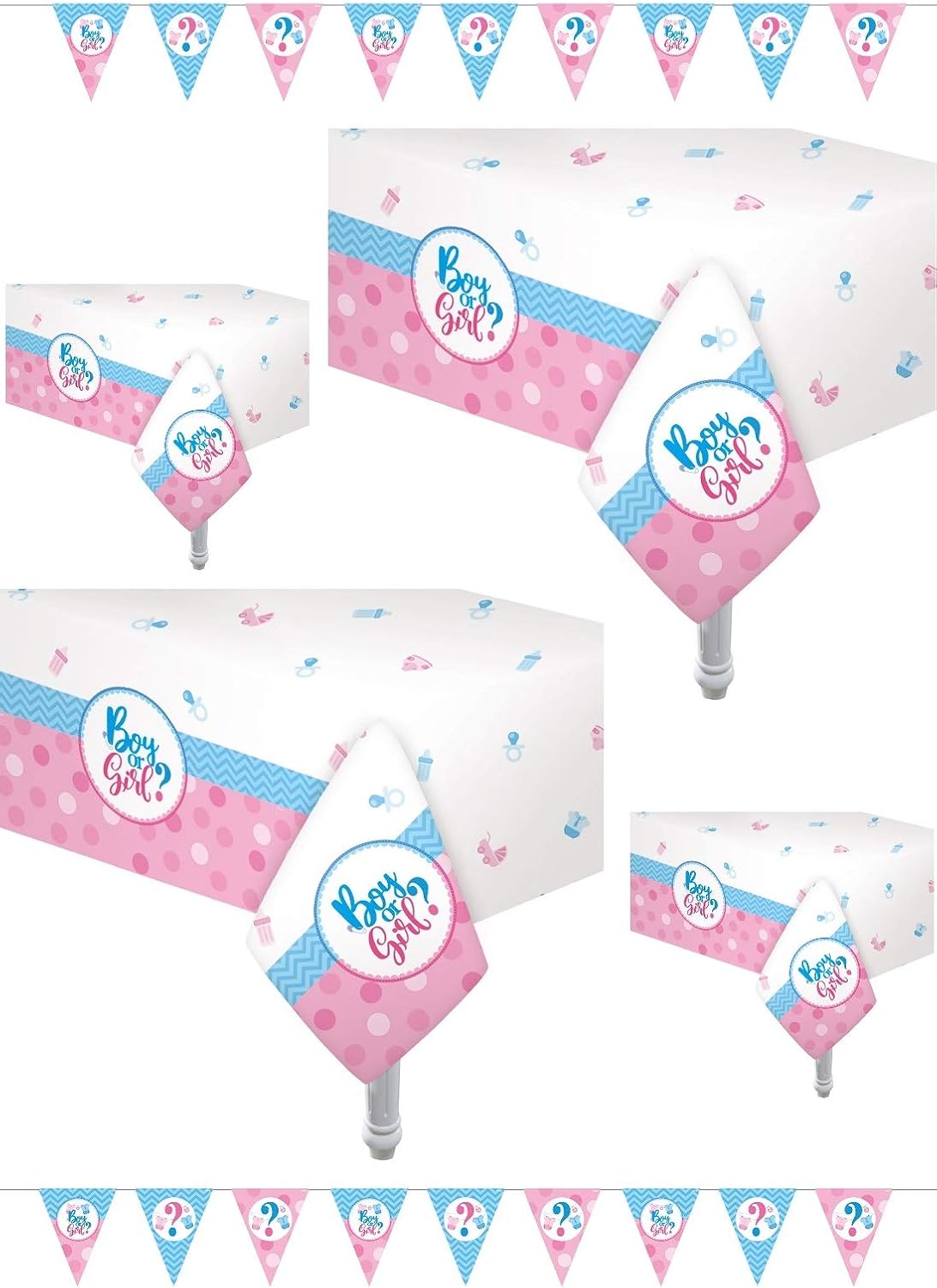 4 Pack Gender Reveal Table Covers with Pennant Banners