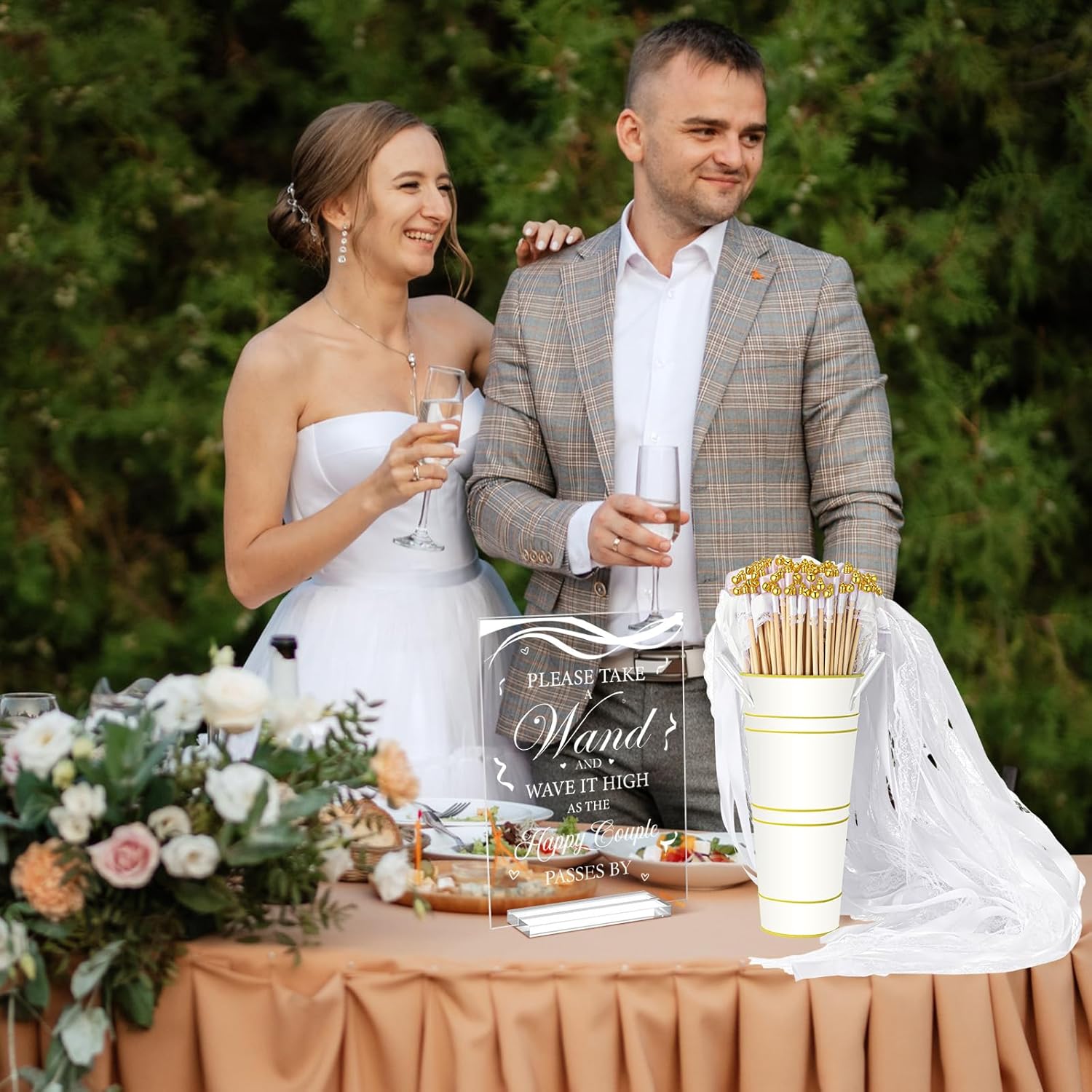 103 Pcs Wedding Wand Set with Gold Bells and Acrylic Sign