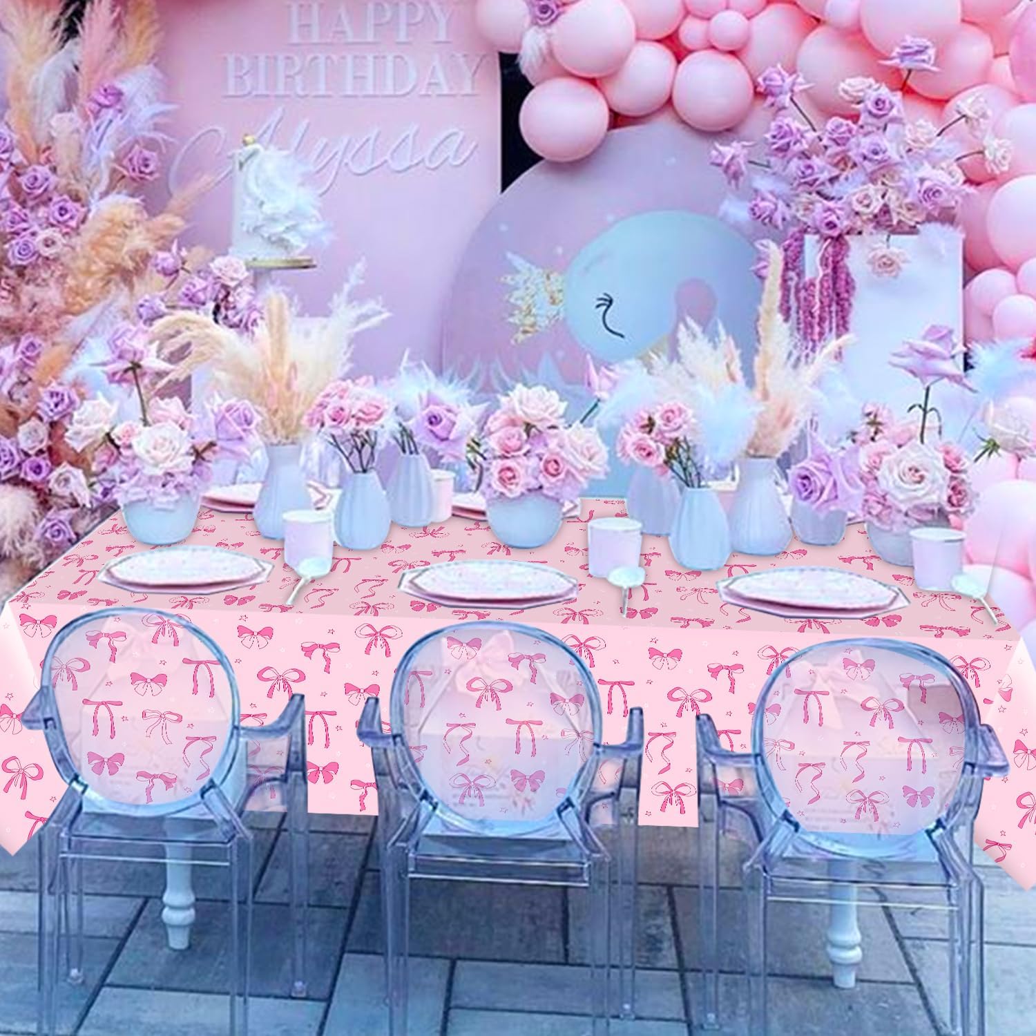 3pcs Pink Bow Tablecloth for Birthday Baby Shower Decorations