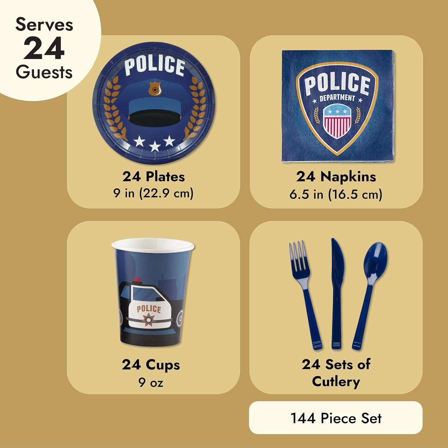 144 Piece Police Birthday Party Supplies for 24 Guests
