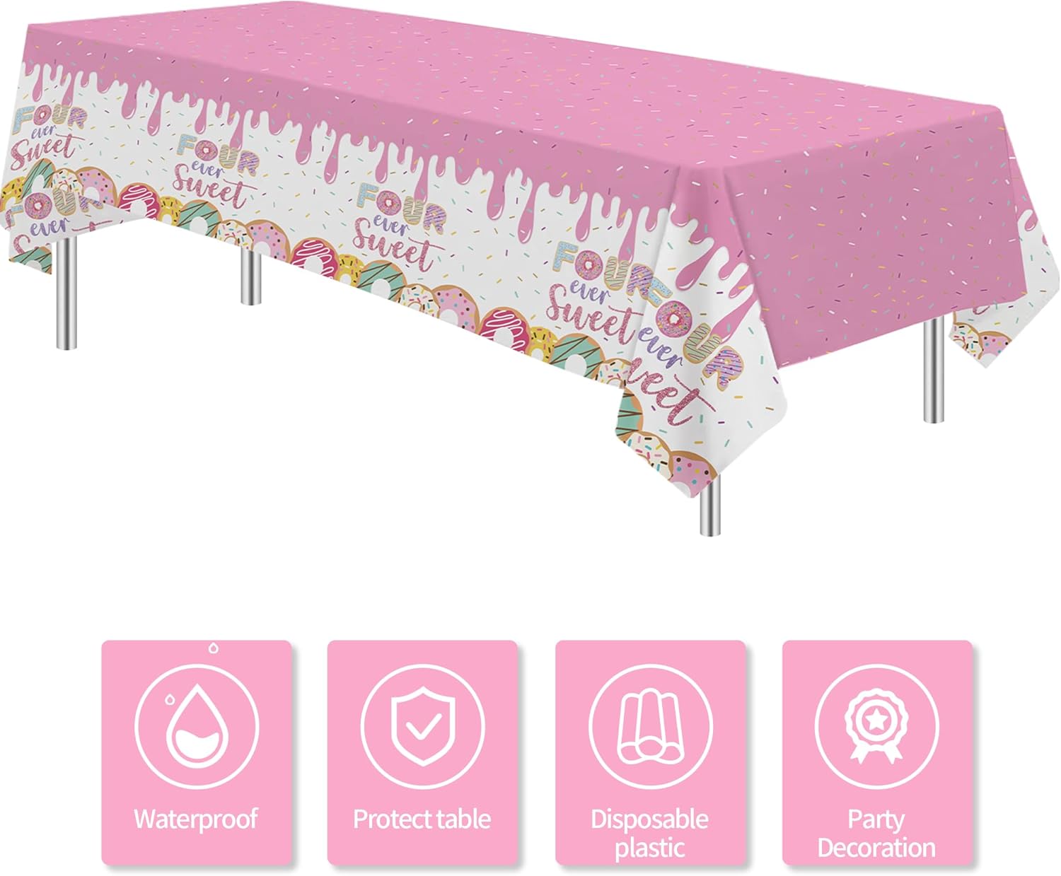 Four Ever Sweet Birthday Tablecloth Set for 4th Birthday 3 Pack 55x86in