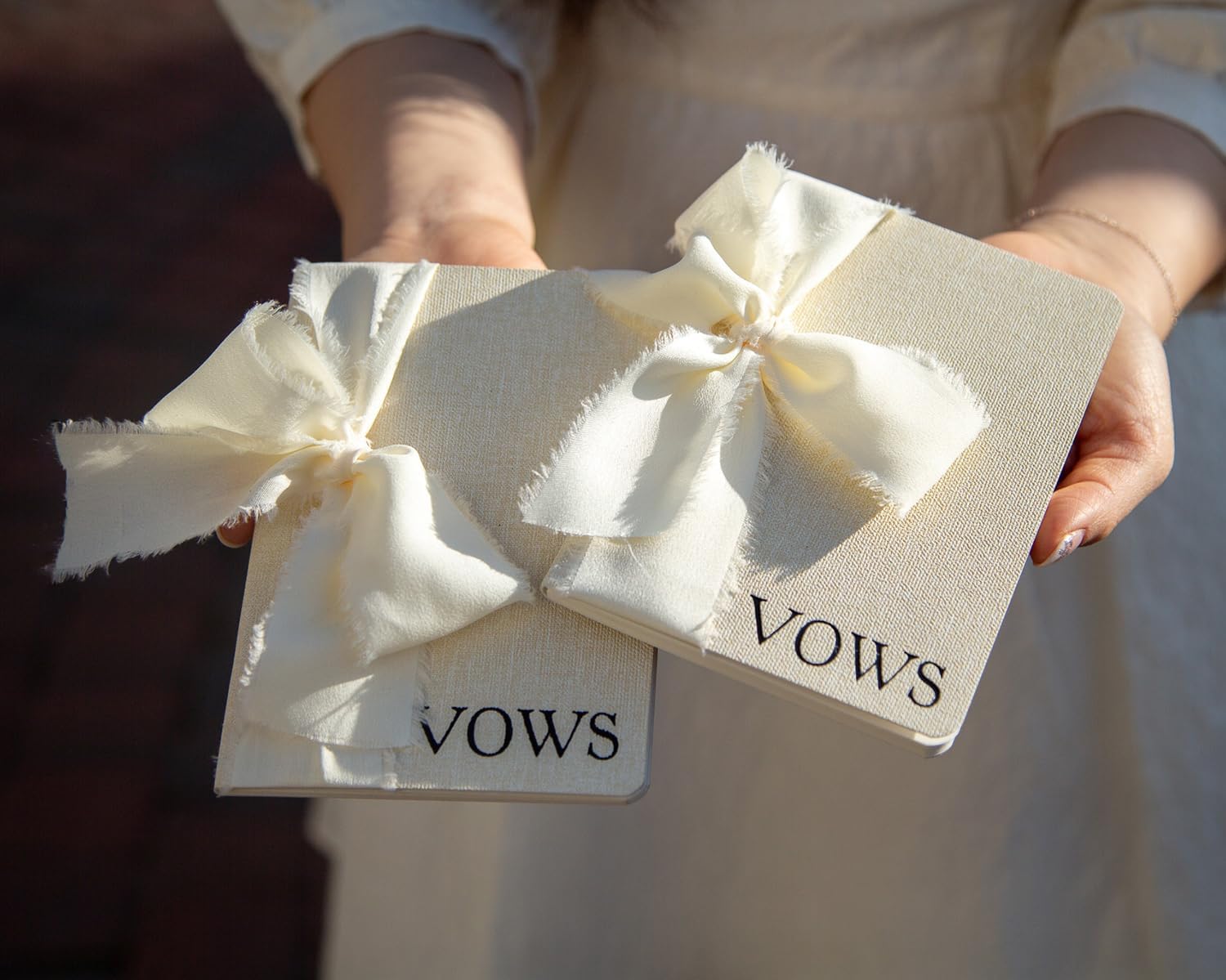 Cream Embossed Slim Vow Books with Ribbon Set of 2
