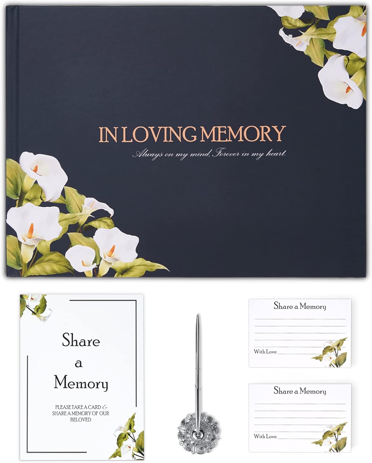 Lily Funeral Guest Book Set with Memory Cards and Silver Pen