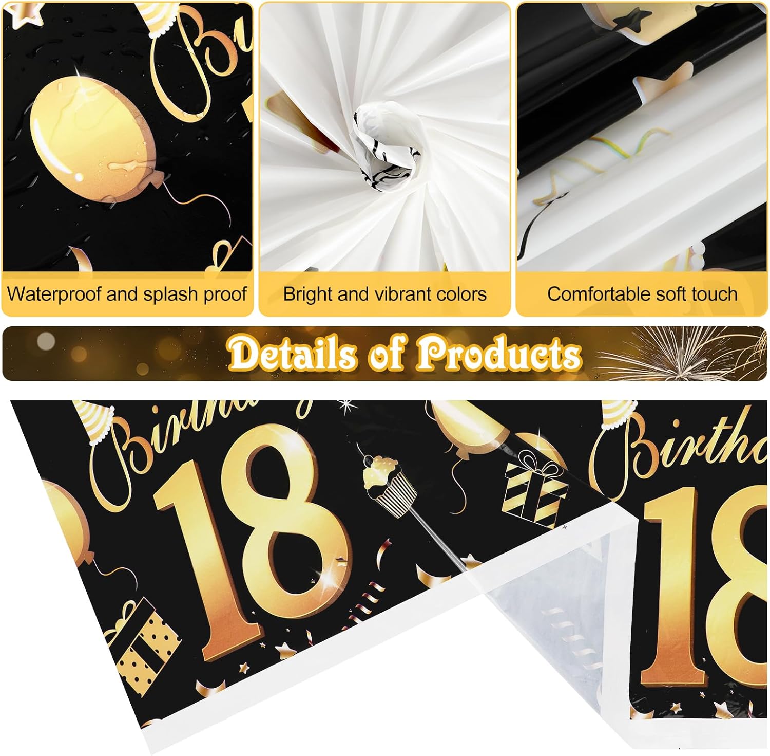 HOWAF 3 Pack 18th Birthday Tablecloth Black Gold