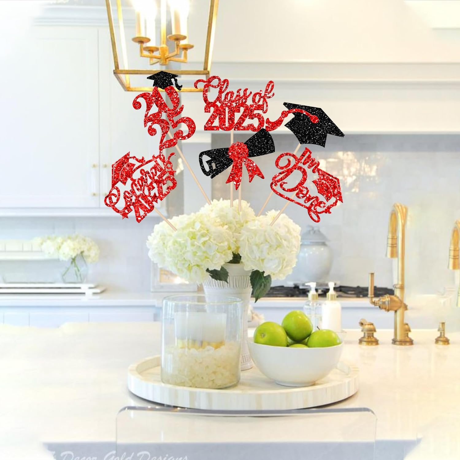 2025 Graduation Cap Centerpiece Sticks with Red Glitter
