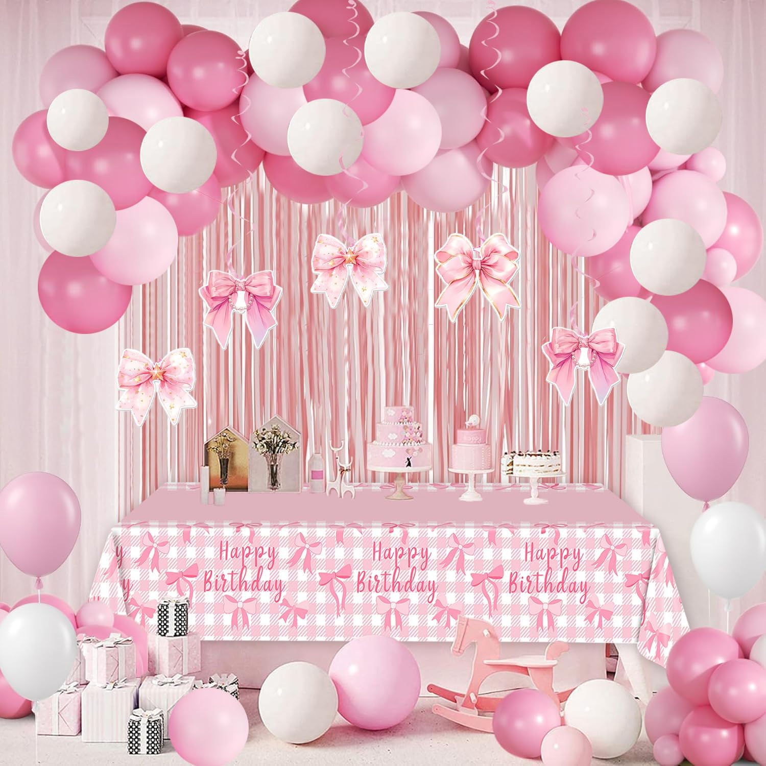 MAYSUN 3 Pcs Pink Bow Tablecloth for Birthday Parties