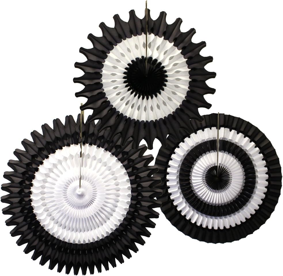 3 Piece Black and White Tissue Paper Fan Decor Set