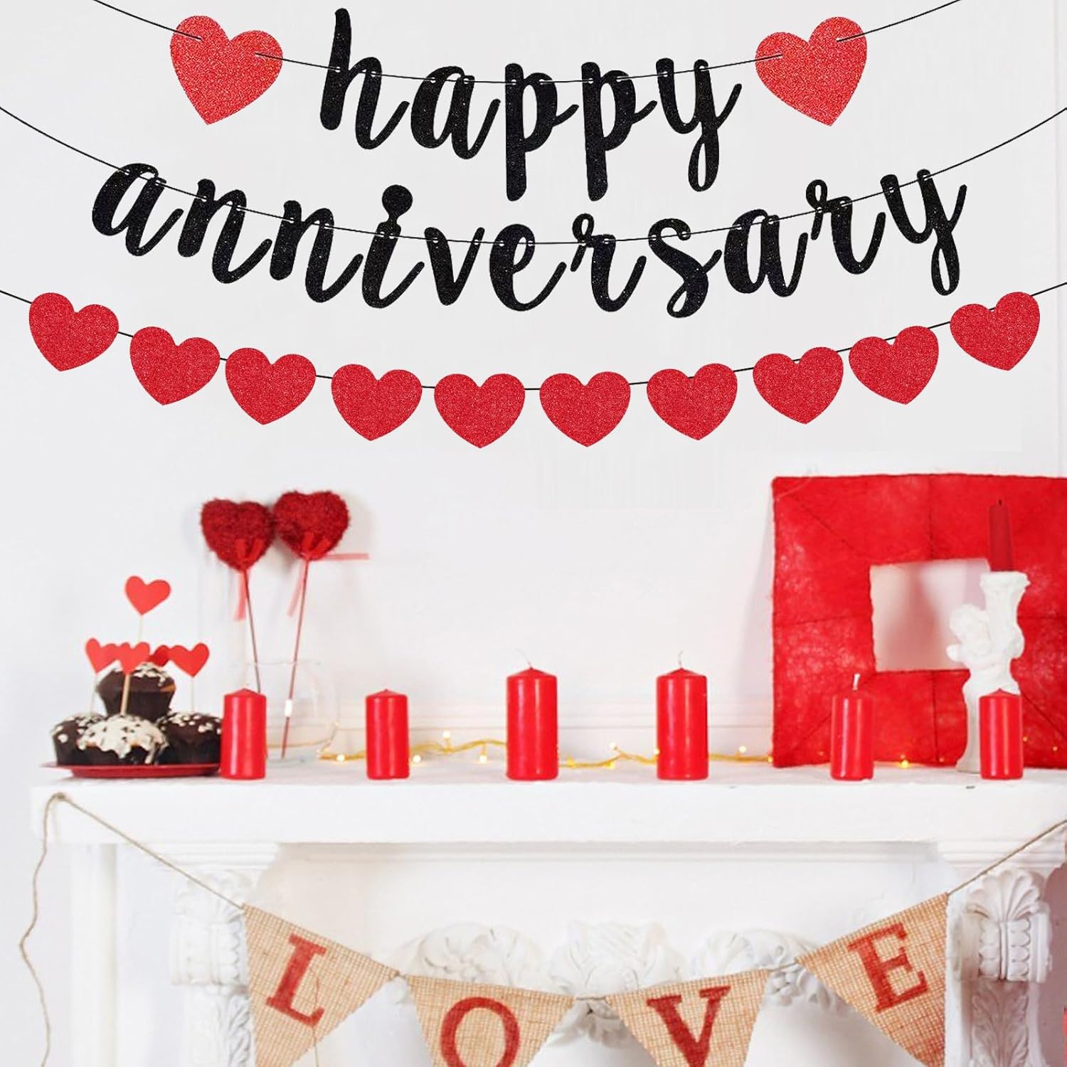 Zwiebeco Black Red Happy Anniversary Banner with Hearts