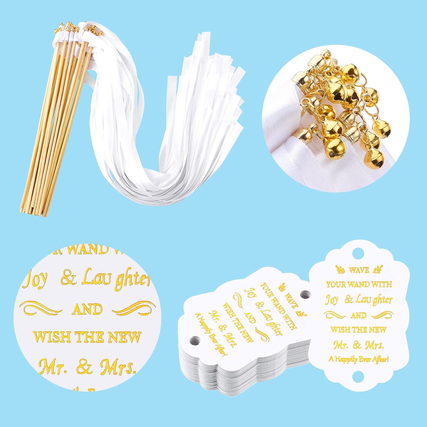 Junkin 100 Pcs Wedding Wand Streamers with Bells Set