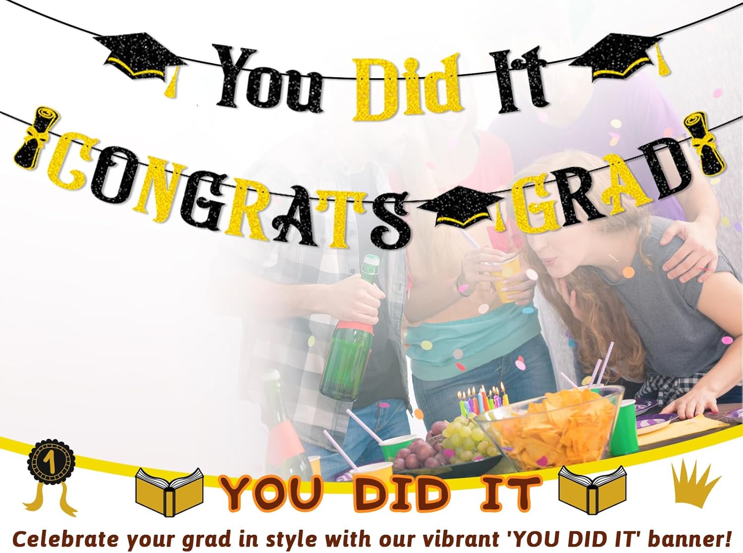 2025 Graduation Banners with Black Gold Glitter
