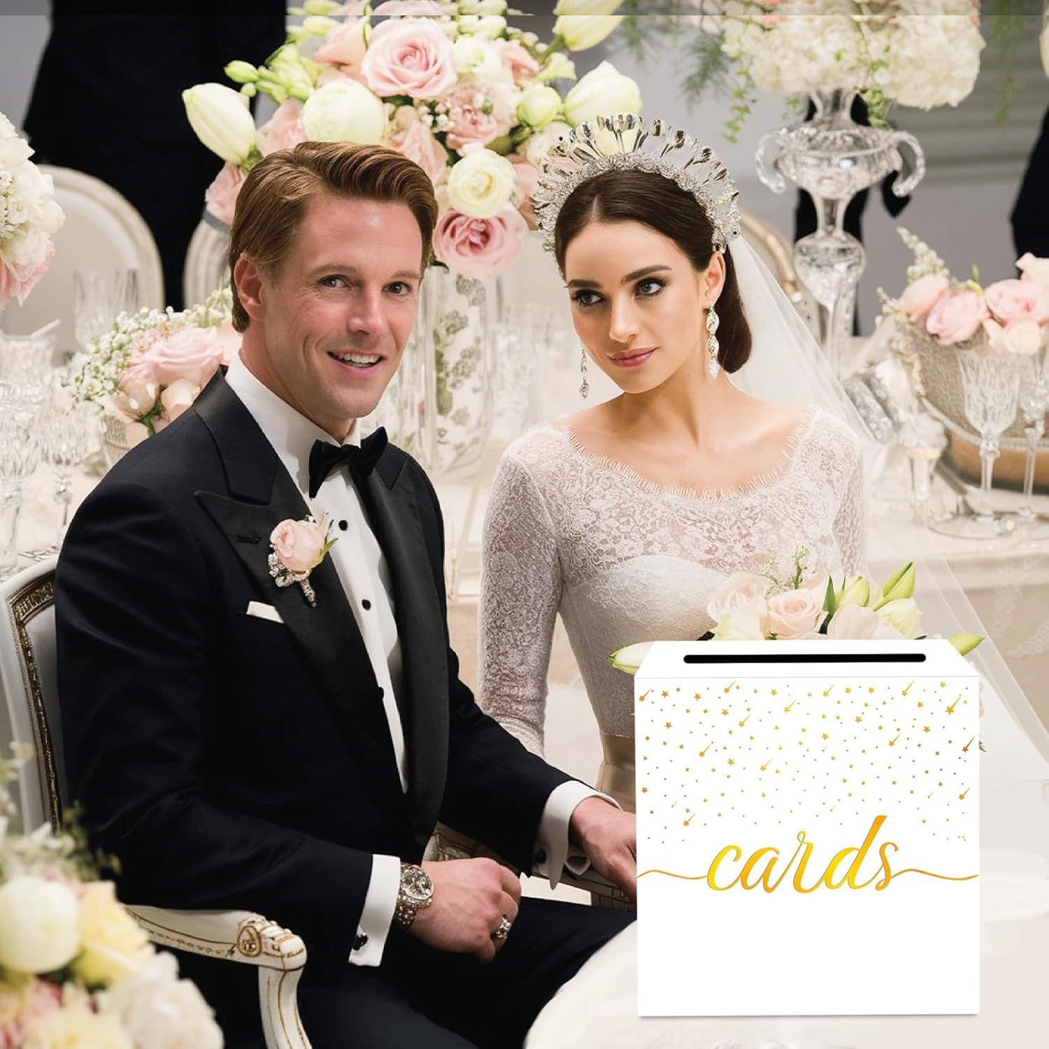Elegant White Wedding Card Box with Shooting Stars