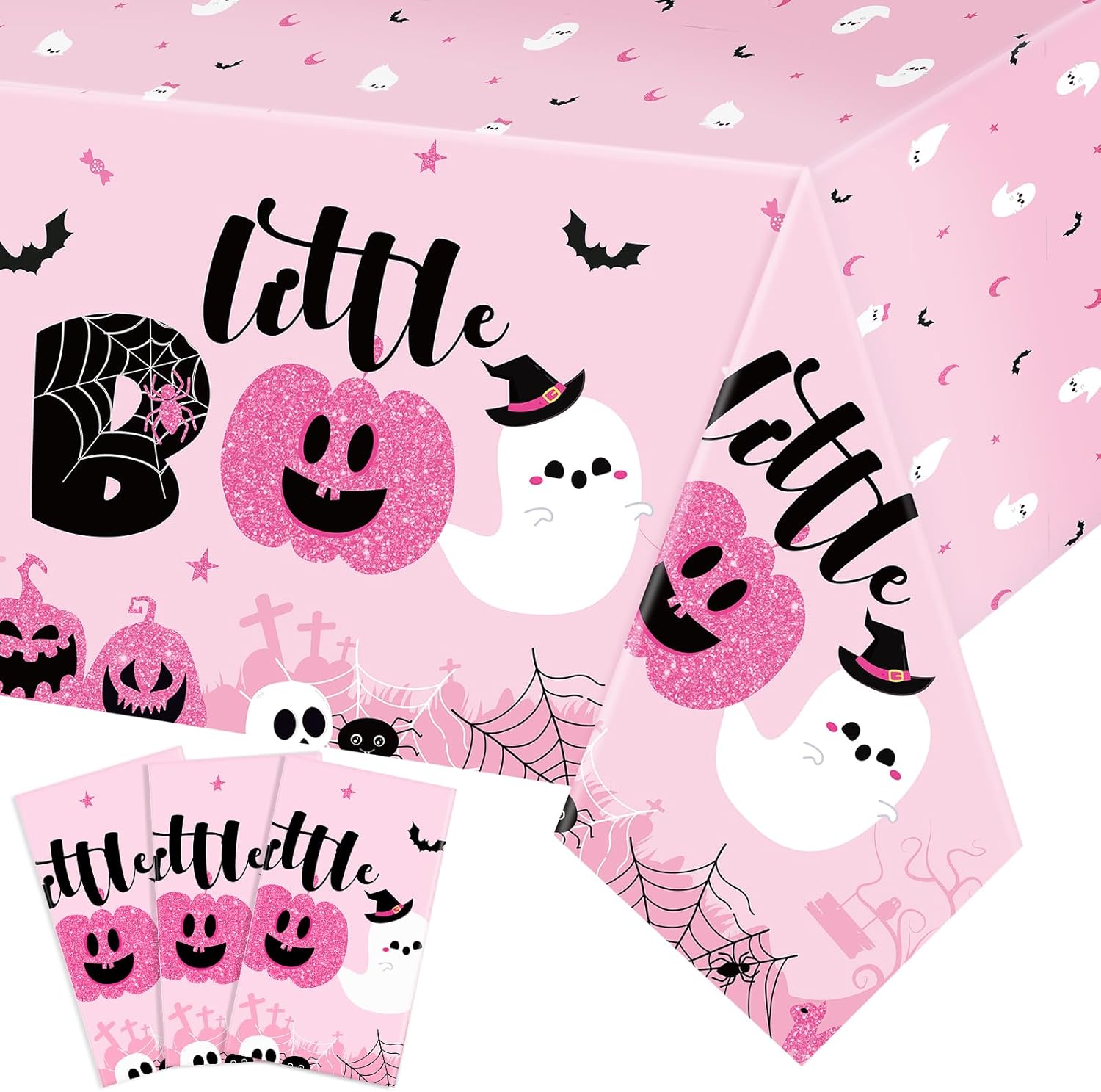 Sliner 3 Pack Pink Halloween Tablecloths - Little Boo Party Covers 108x54 Inch