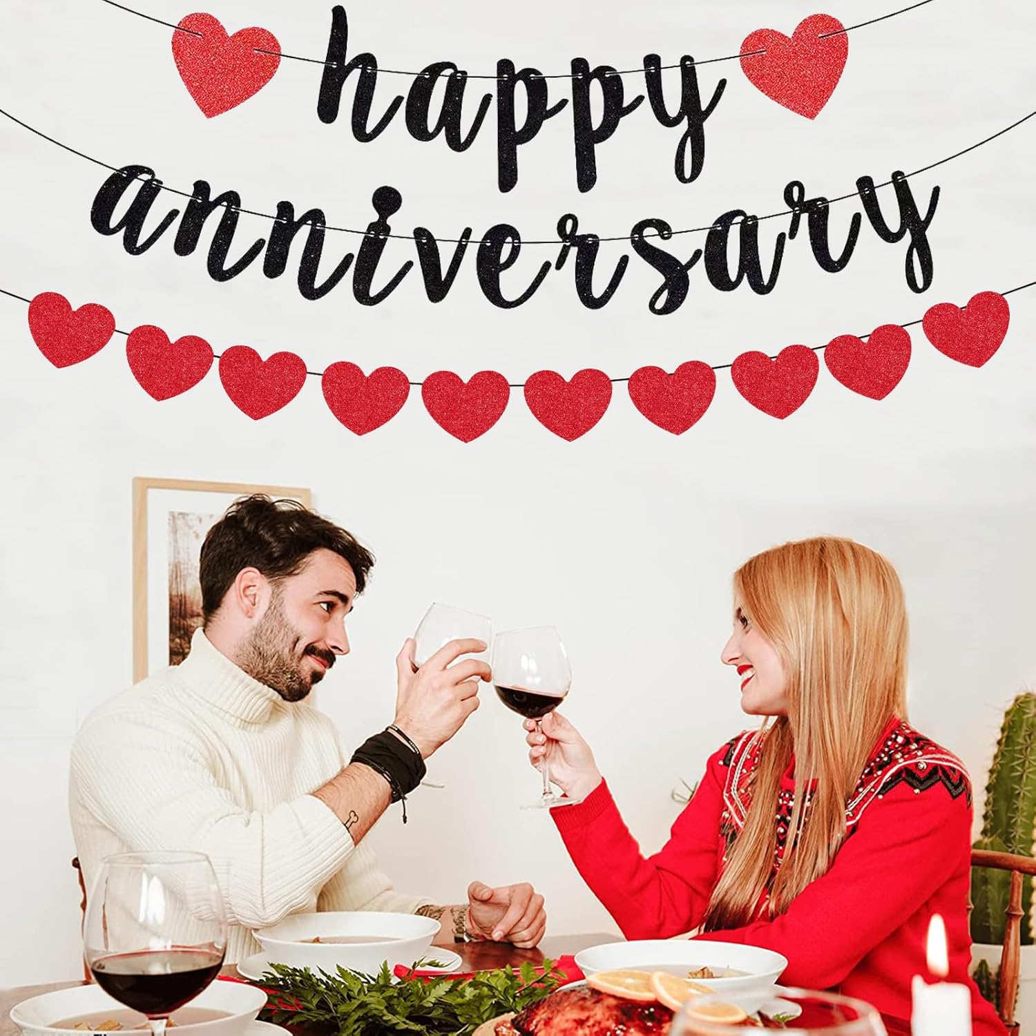 Zwiebeco Black Red Happy Anniversary Banner with Hearts