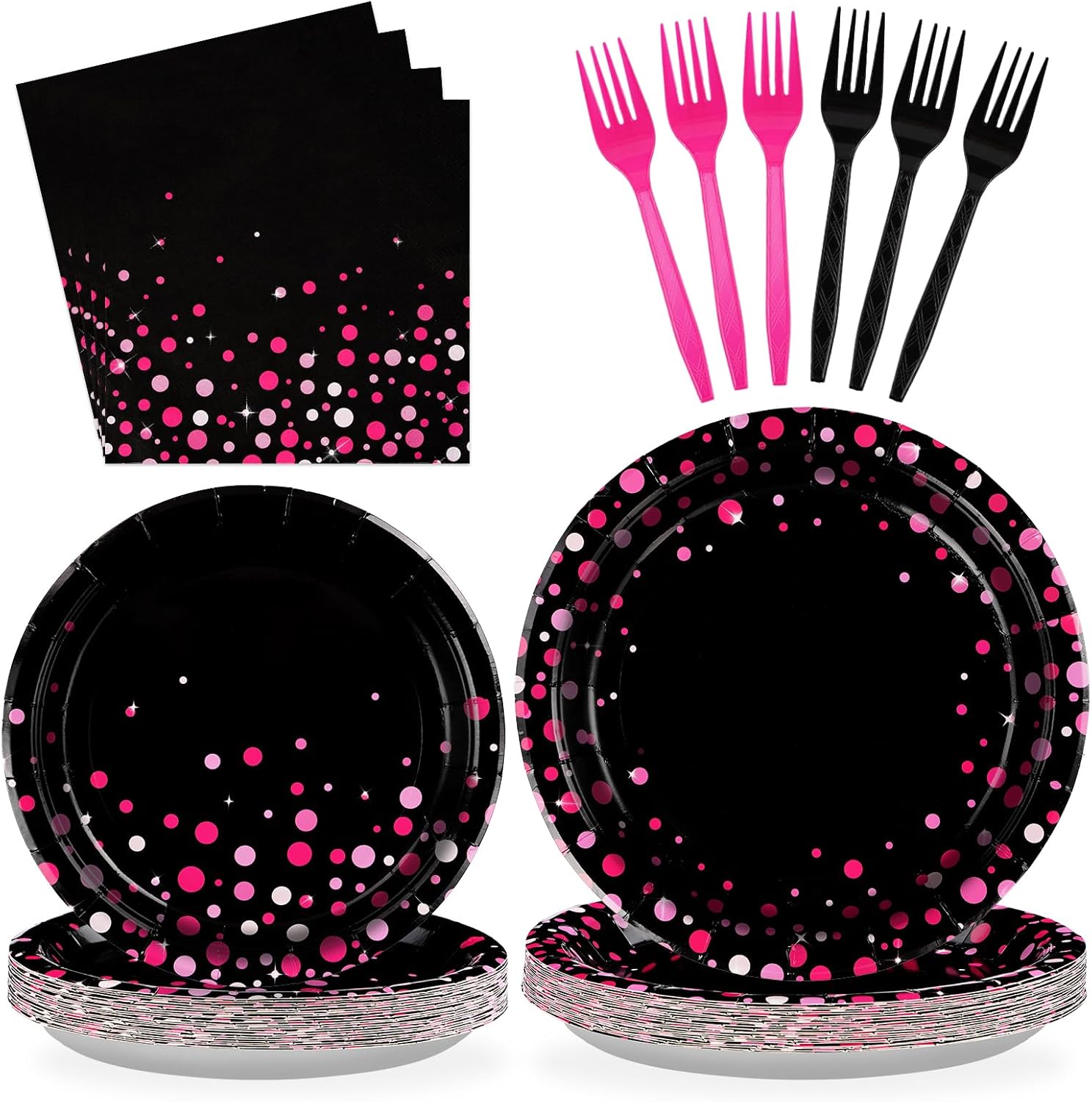 96 Pcs Hot Pink and Black Party Supplies Set