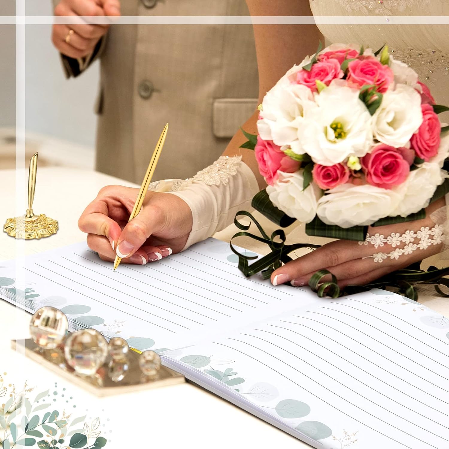 Geyee 3 Pcs Wedding Guest Book Set with Pen Holder