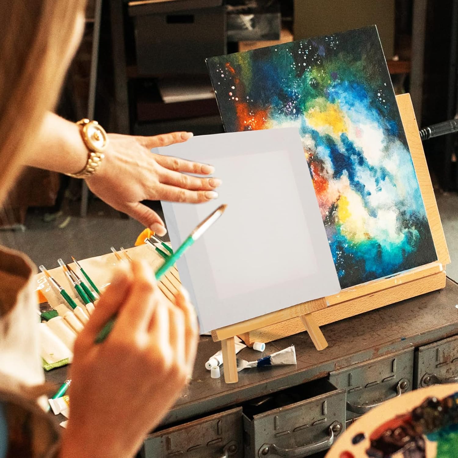 Jojofuny 5 Sets Mini Easel Stands with Canvases